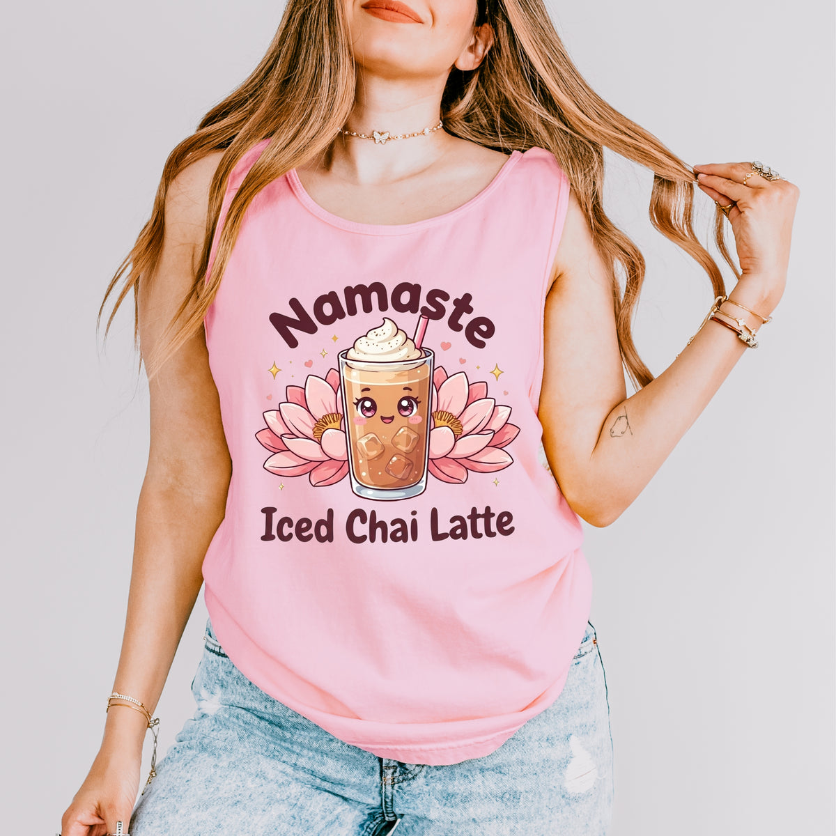 Namaste Iced Chai Latte Tea Shirt | Kawaii Tea Lover Gift | Pink Yoga Shirt | Unisex Garment-Dyed Tank Top