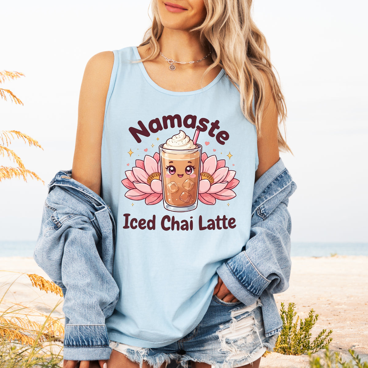 Namaste Iced Chai Latte Tea Shirt | Kawaii Tea Lover Gift | Pink Yoga Shirt | Unisex Garment-Dyed Tank Top