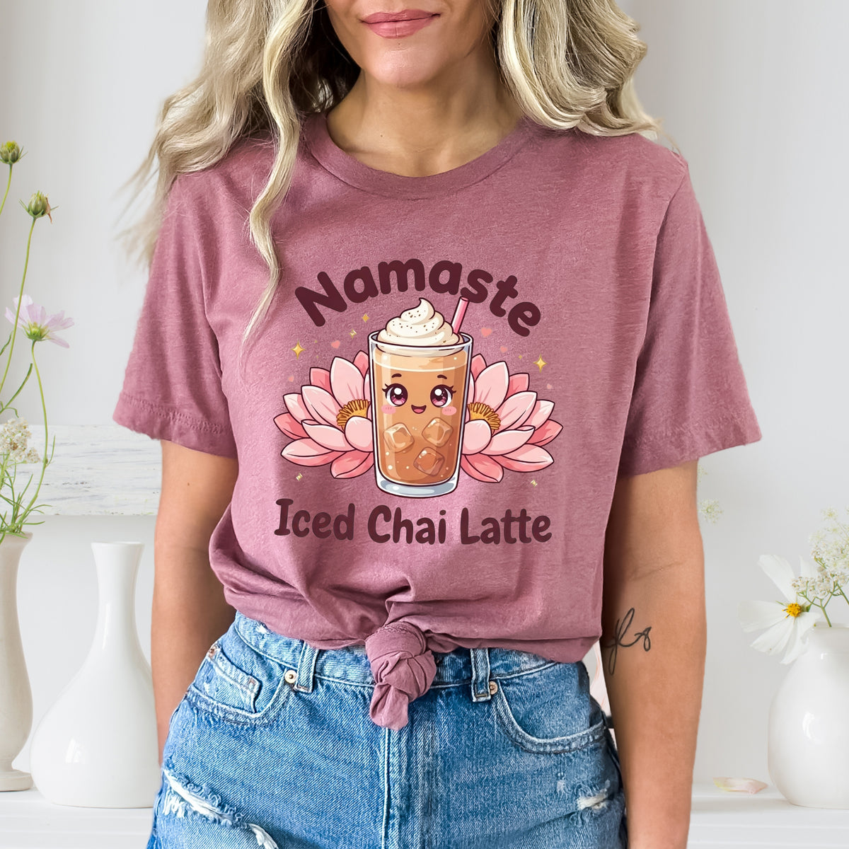 Namaste Iced Chai Latte Tea Shirt | Kawaii Tea Lover Gift | Pink Yoga Shirt | Unisex Jersey T-shirt