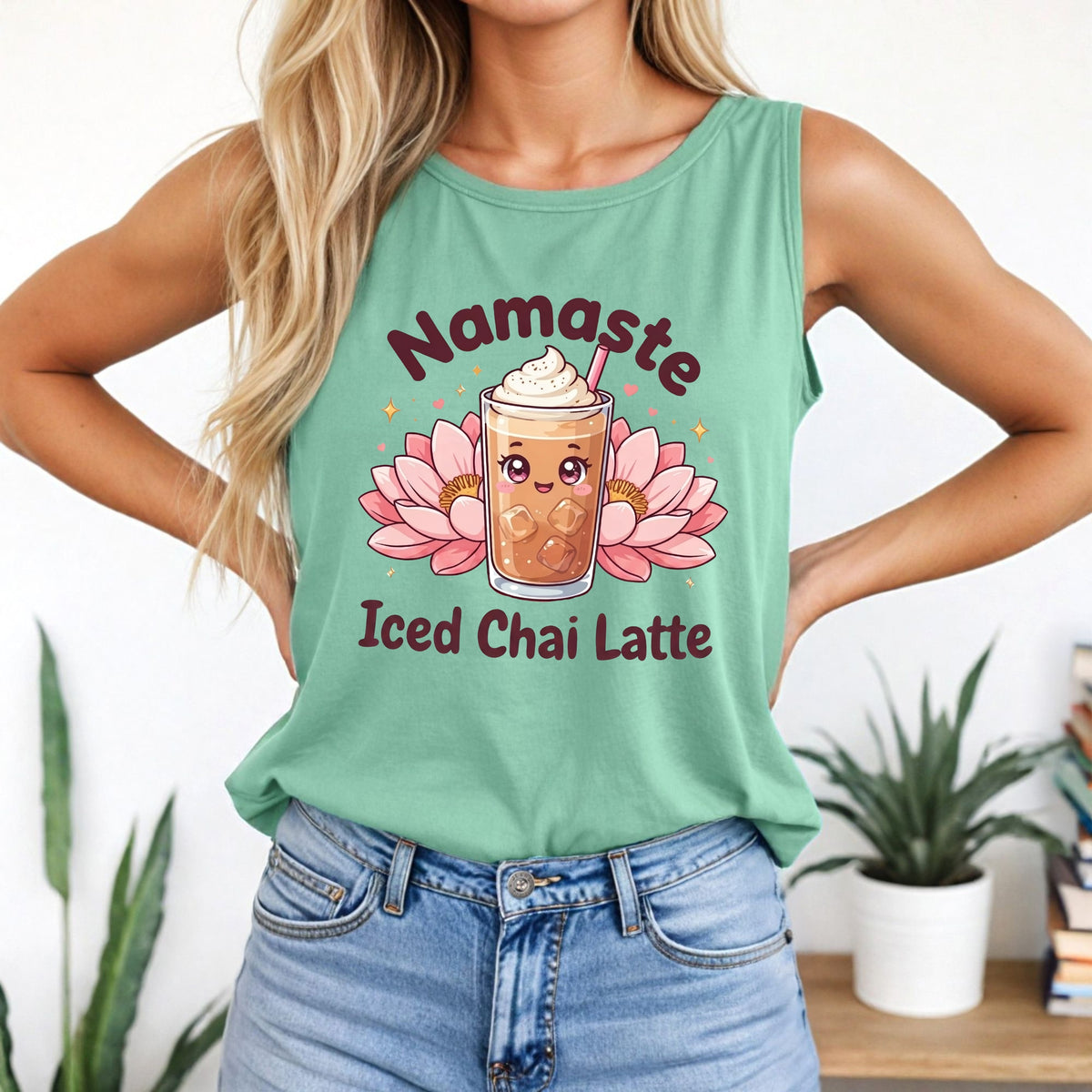 Namaste Iced Chai Latte Tea Shirt | Kawaii Tea Lover Gift | Pink Yoga Shirt | Unisex Garment-Dyed Tank Top