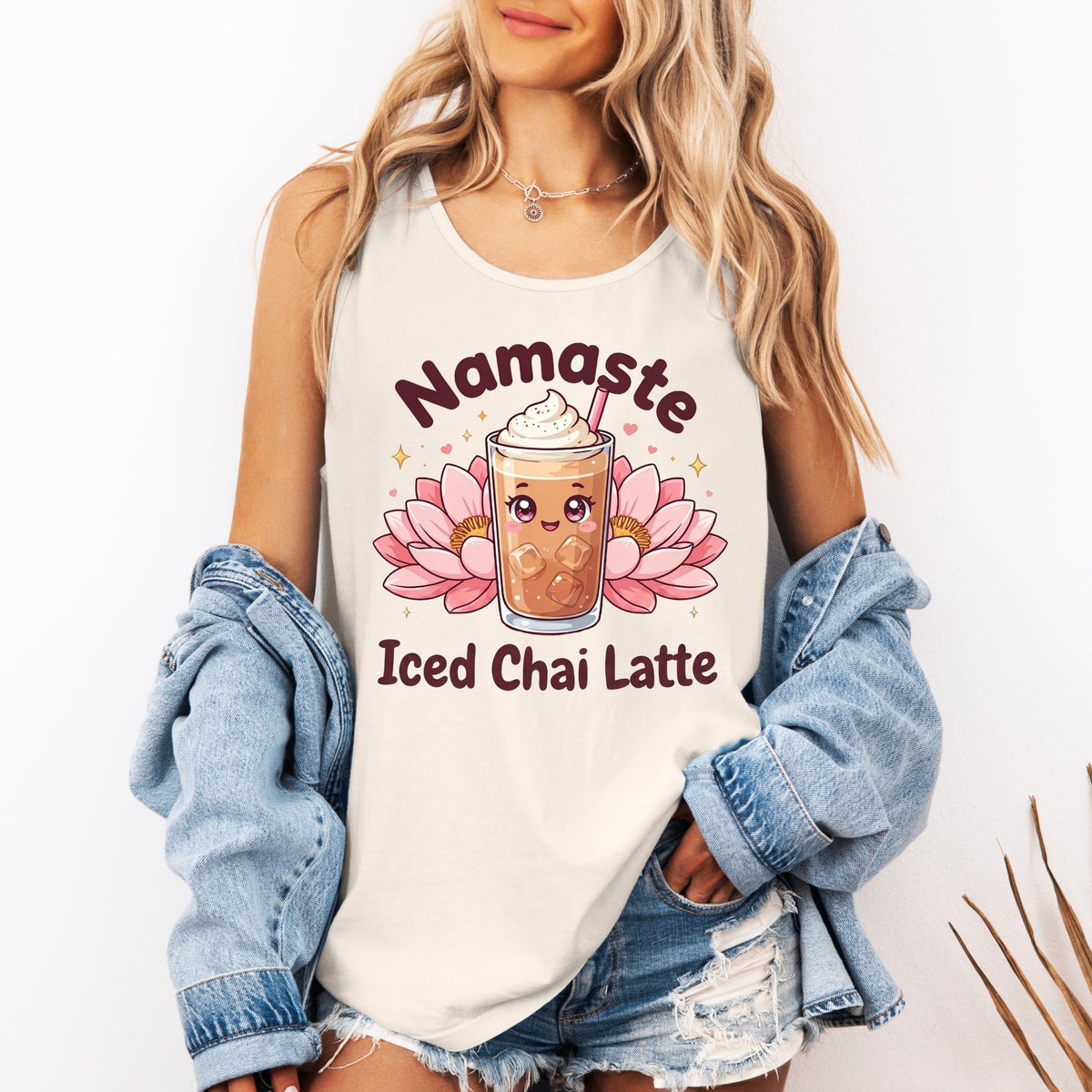 Namaste Iced Chai Latte Tea Shirt | Kawaii Tea Lover Gift | Pink Yoga Shirt | Unisex Garment-Dyed Tank Top