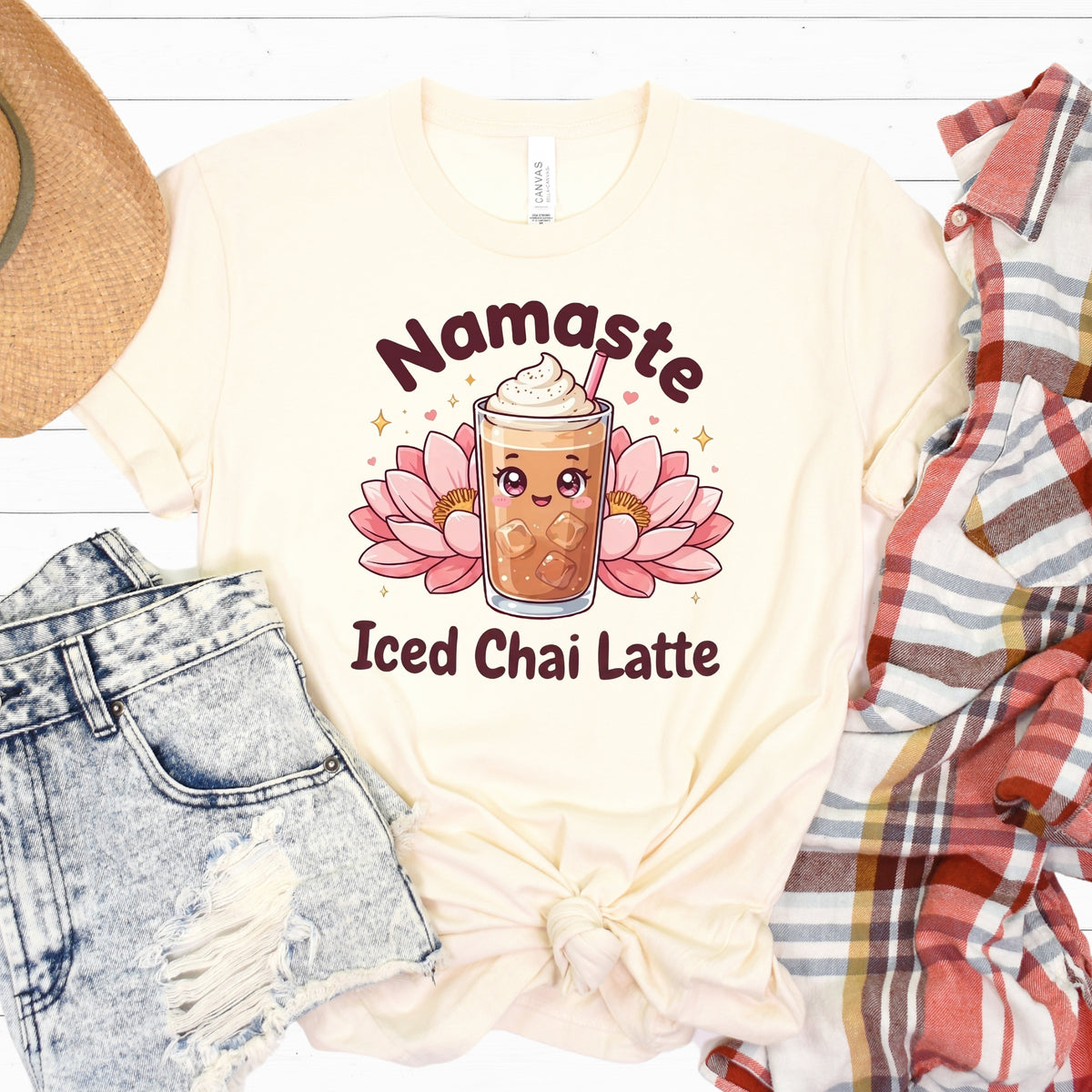 Namaste Iced Chai Latte Tea Shirt | Kawaii Tea Lover Gift | Pink Yoga Shirt | Unisex Jersey T-shirt