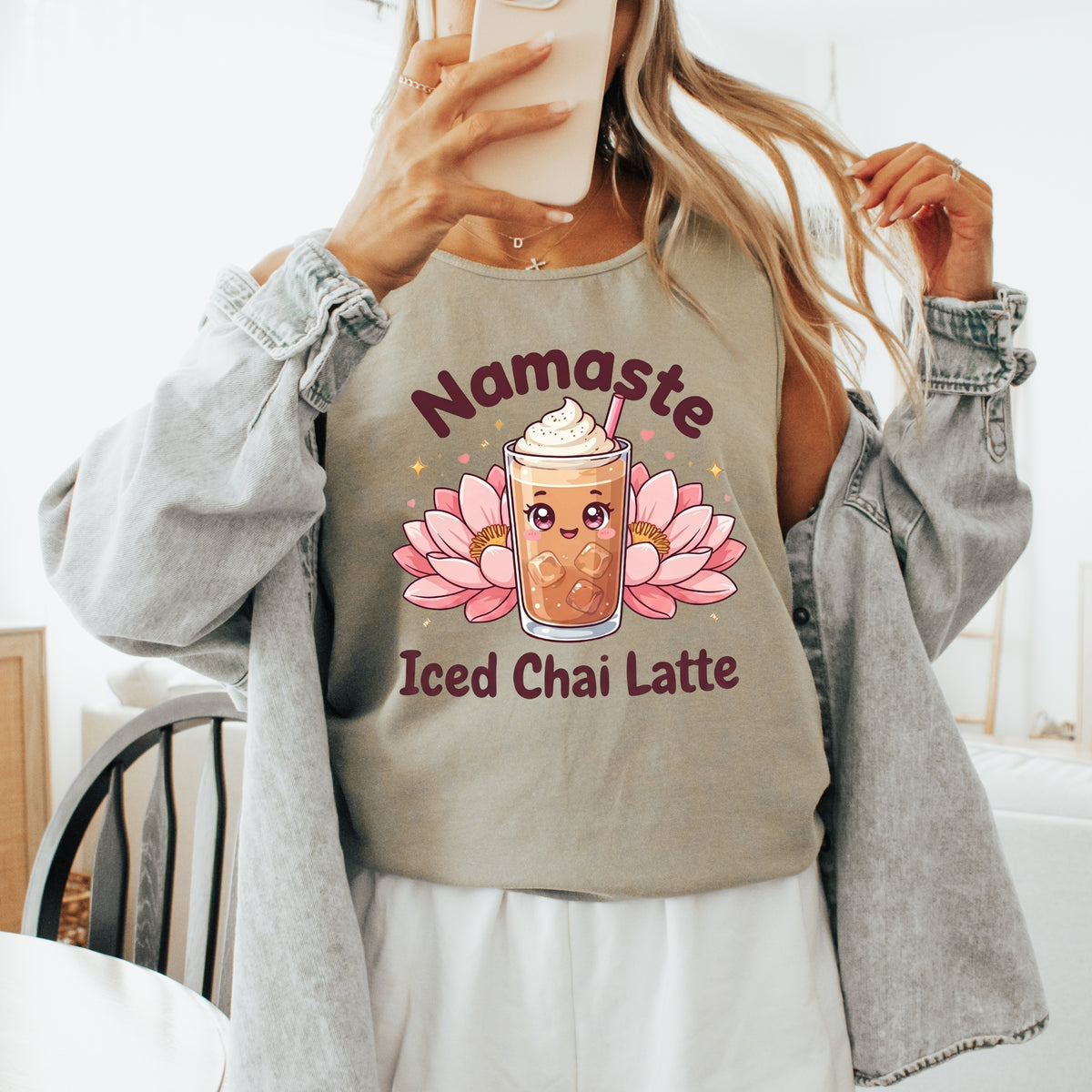Namaste Iced Chai Latte Tea Shirt | Kawaii Tea Lover Gift | Pink Yoga Shirt | Unisex Garment-Dyed Tank Top