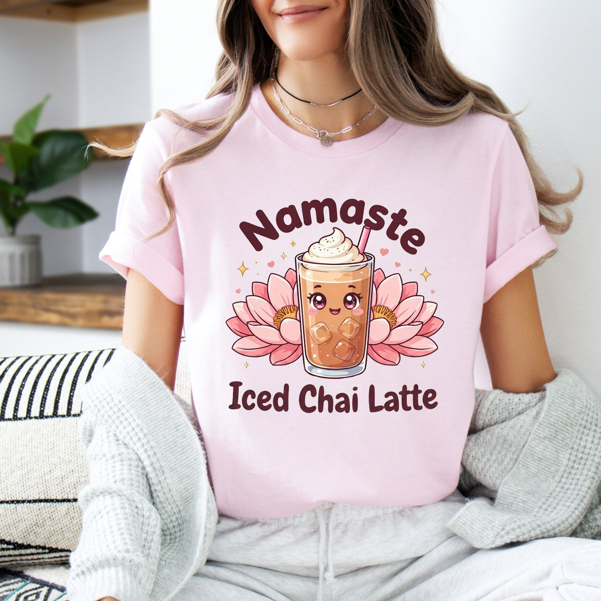 Namaste Iced Chai Latte Tea Shirt | Kawaii Tea Lover Gift | Pink Yoga Shirt | Unisex Jersey T-shirt