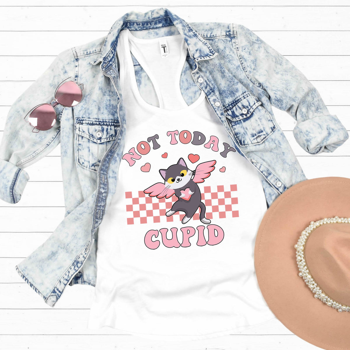Not Today Cupid  Retro Galentines Day Shirt | White Racerback Tank Top