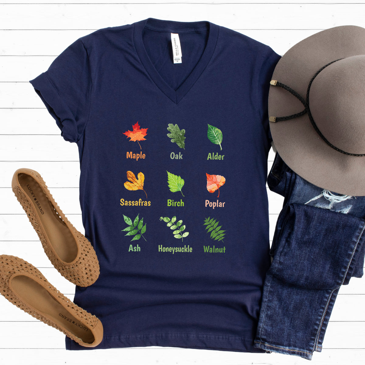 Oak Leaf Fall Leaves T-shirt | Navy Blue Unisex V-neck T-shirt