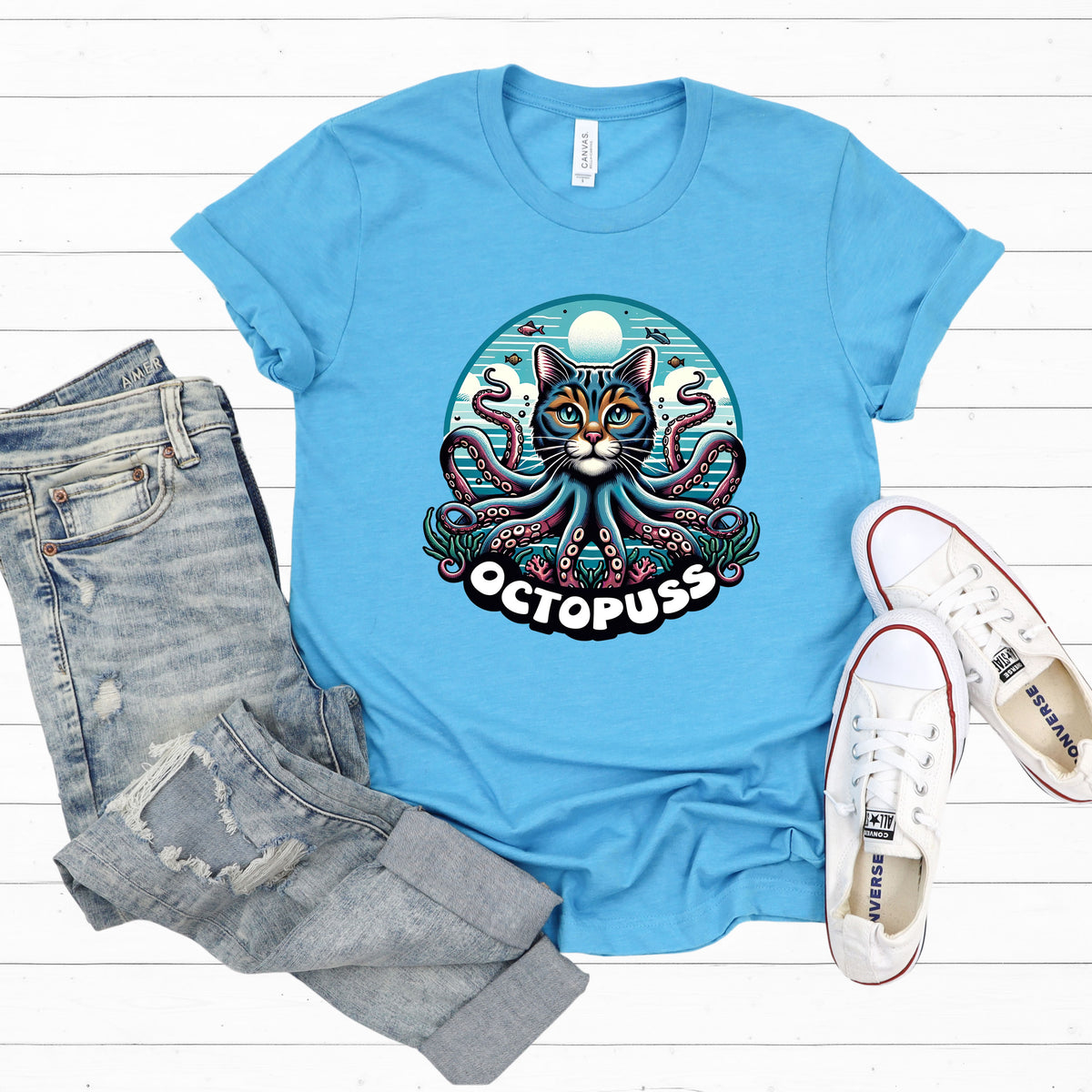 Octopuss Beach Bum Funny Cat Octopus Shirt | Heather Aqua Unisex Jersey T-shirt