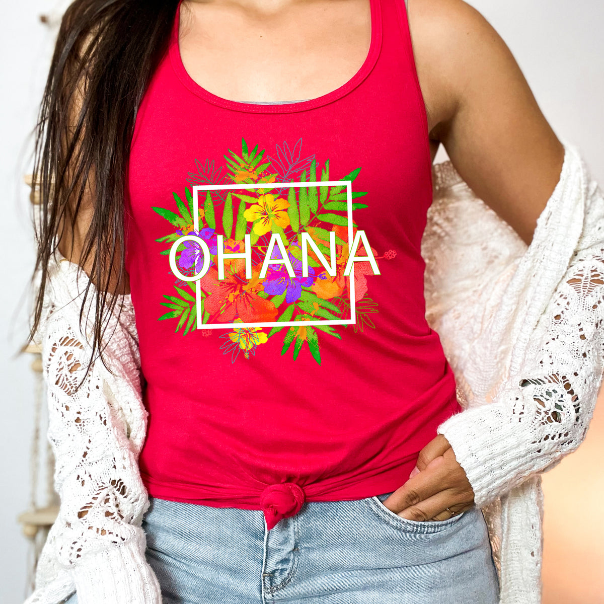Ohana Means Family Beach Bum Tropical Shirt | Hawaii Life Shirt | Graphic Tees | Women's Slim-fit Racerback Tank Top