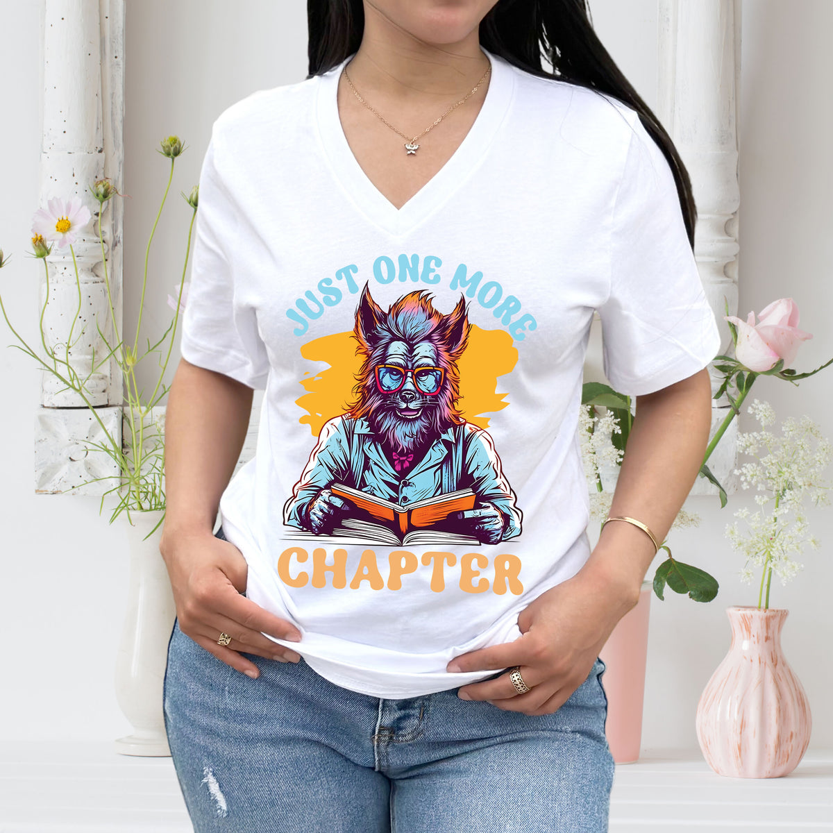 Just One More Chapter Werewolf Shirt | Halloween Book Shirt | White V-neck T-shirt