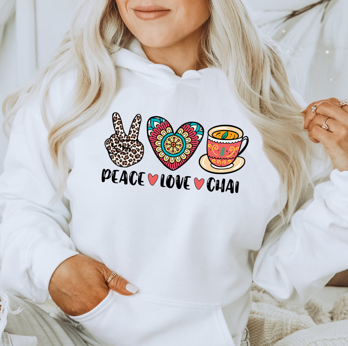 Peace Love Chai Tea Leopard Print Tea Shirt | Tea Lover Gift Indian Shirt | Unisex Hooded Sweatshirt
