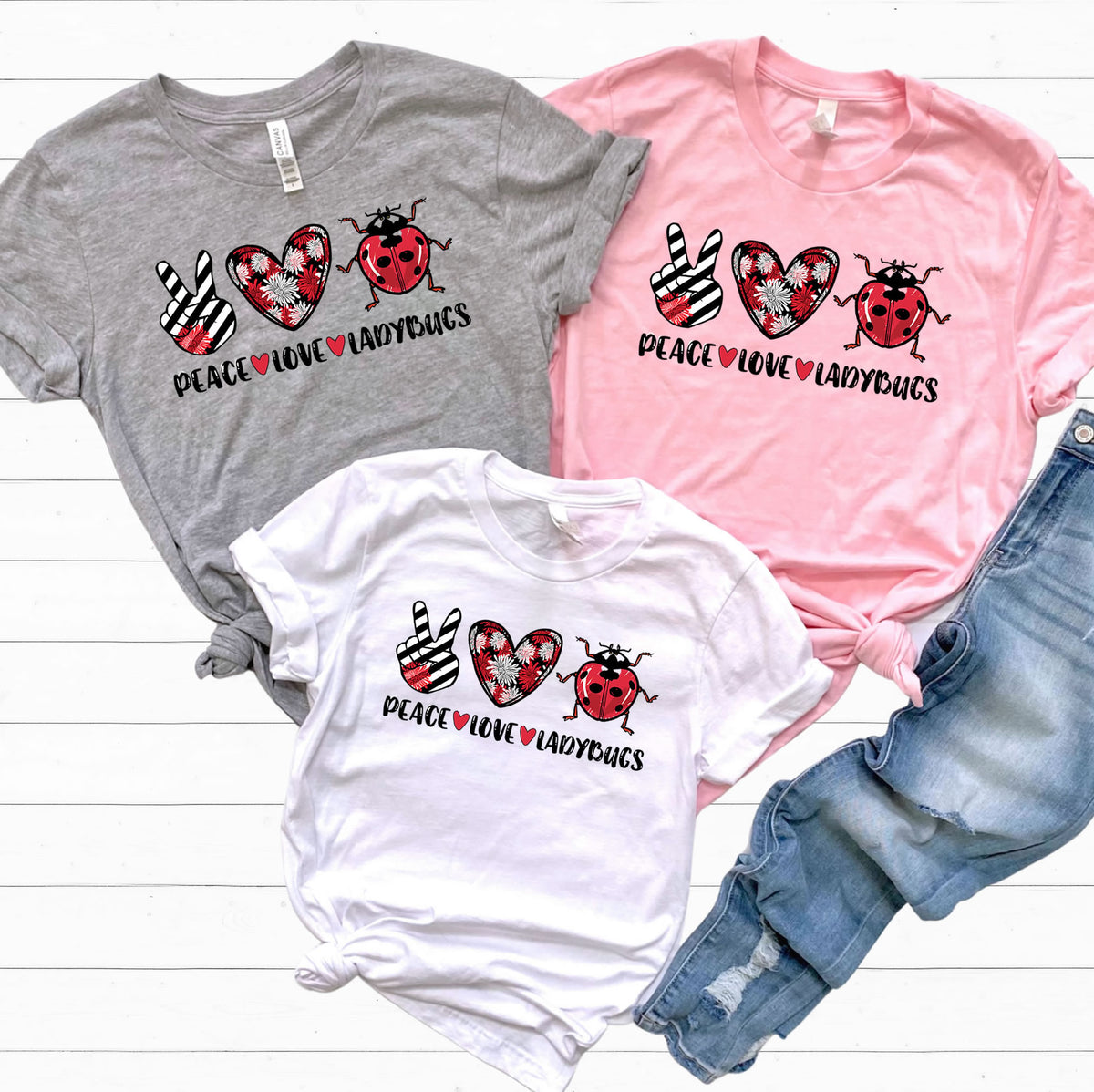 Peace Love Ladybugs Cute Lady Bug Shirt | Nature Gift | Unisex Jersey T-shirt