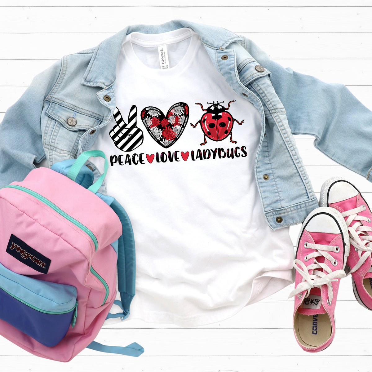 Peace Love Ladybugs Cute Lady Bug Shirt  | White Youth Tshirt
