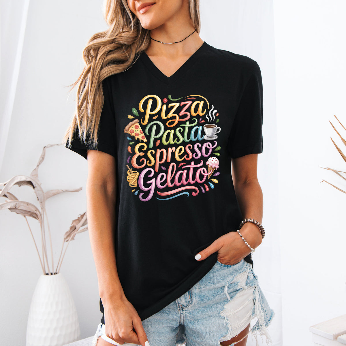 Pizza Pasta Espresso Gelato Italian Shirt | Black V-neck T-shirt