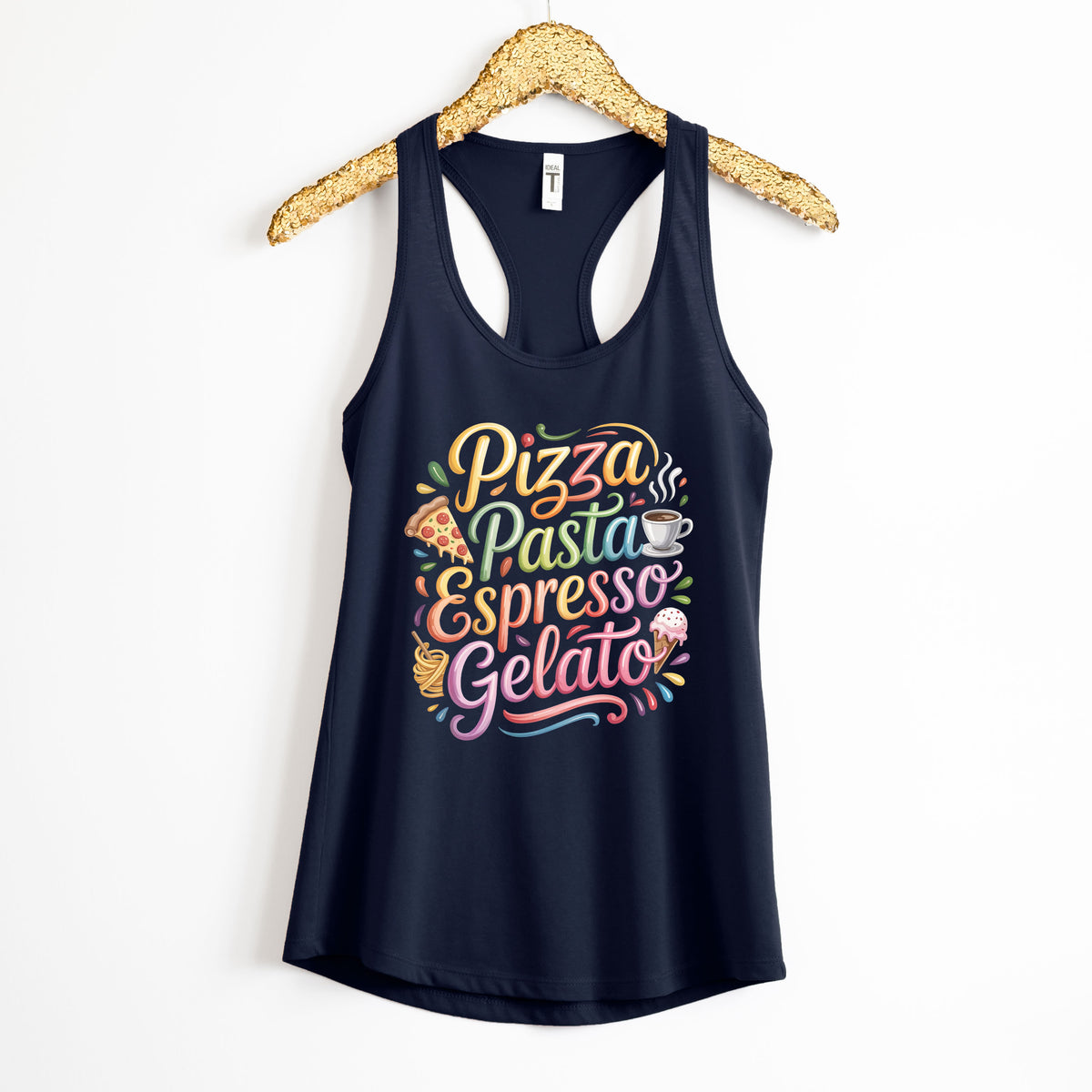 Pizza Pasta Espresso Gelato Italian Shirt | Navy Racerback Tank Top