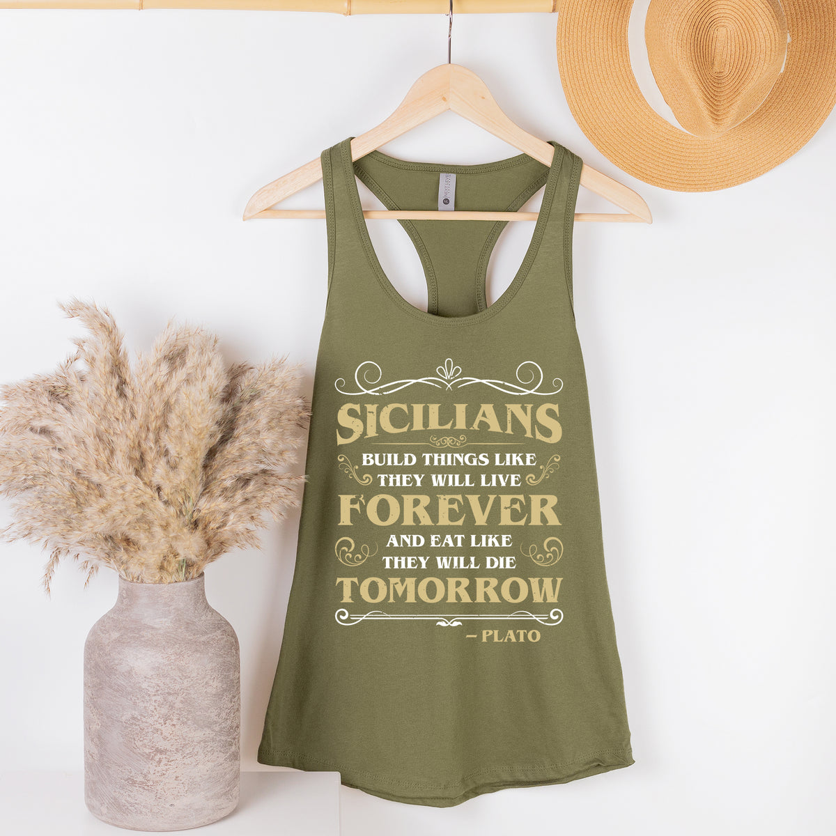 Sicilian Plato Quote Italian Shirt | Military Green Racerback Tank top