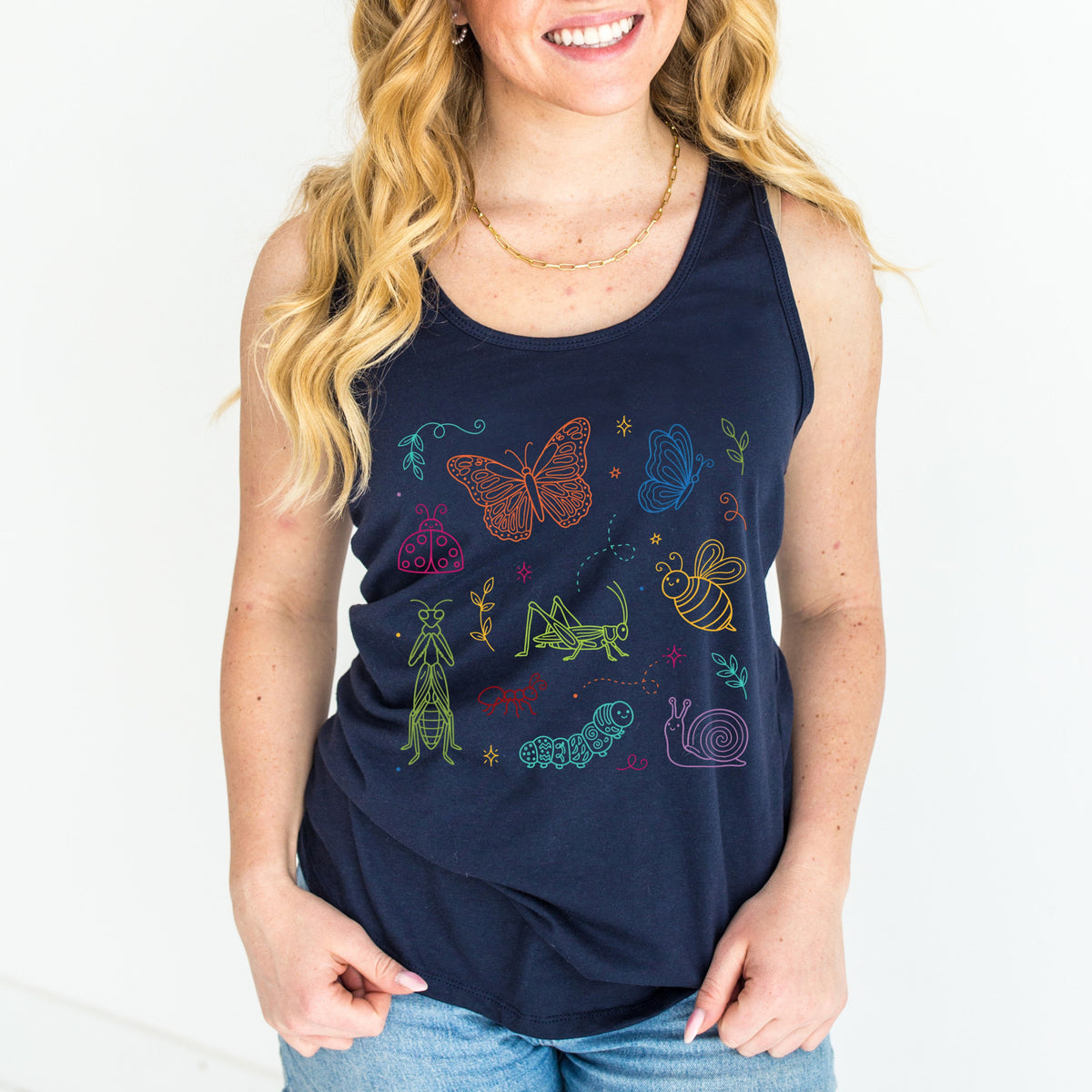 Pollinator Parade Gardening Shirt | Bug Lover Gift | Butterflies Bugs Tee | Women's Ideal Racerback Tank Top