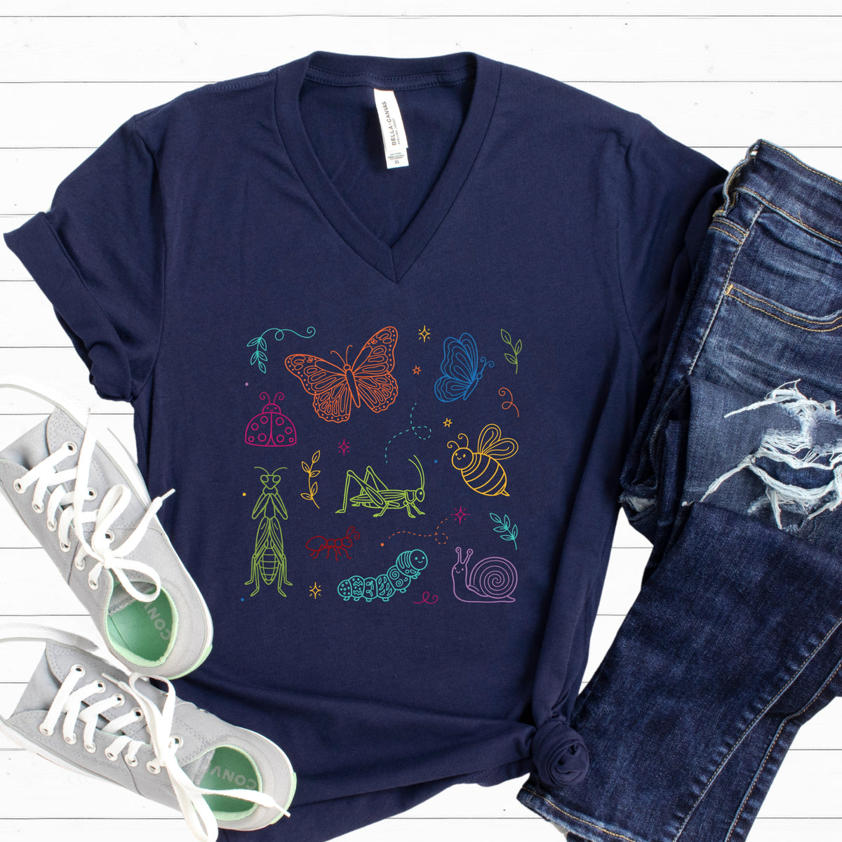 Pollinator Parade Gardening Shirt | Bug Lover Gift | Butterflies Bugs Tee | Unisex Jersey V-neck T-shirt