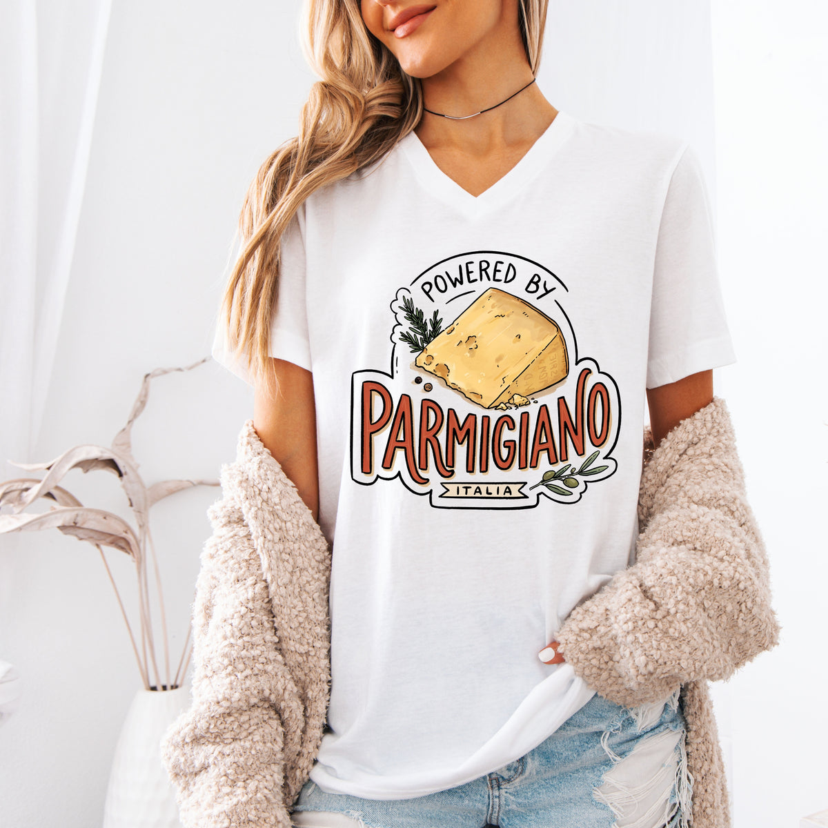 Powered by Parmigiano Italy Shirt | White V-neck T-shirt