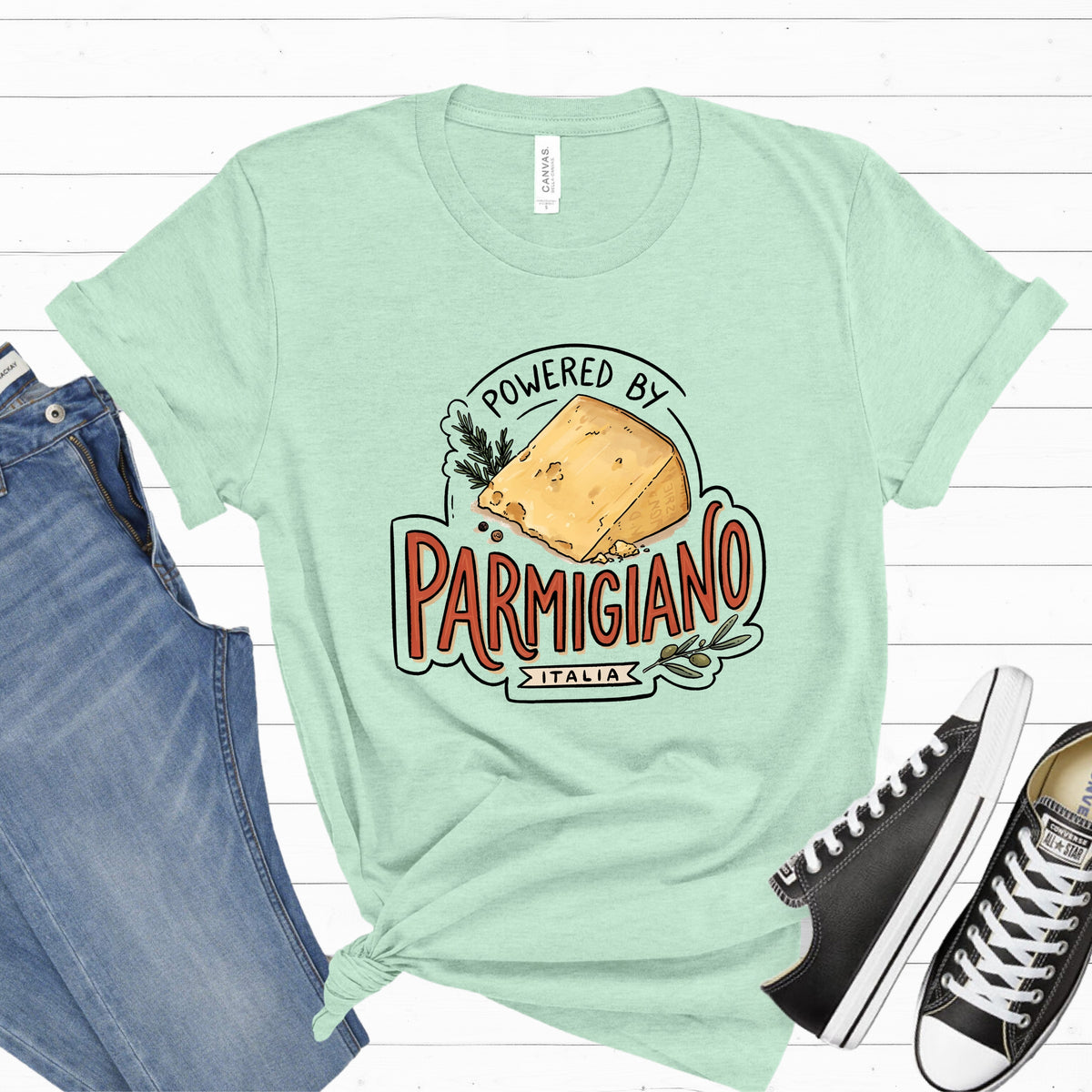 Powered by Parmigiano Italy Shirt | Funny Italian Cheese T-shirt | Italy Lover Gift Unisex Jersey Short Sleeve Tee
