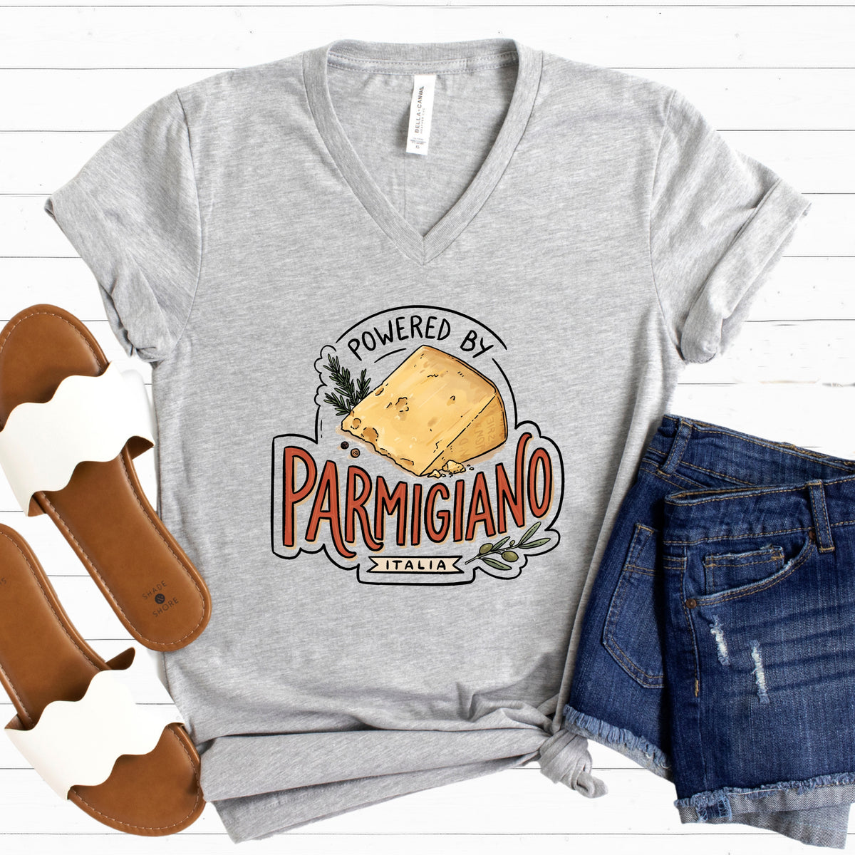 Powered by Parmigiano Italy Shirt | Funny Italian Cheese T-shirt | Italy Lover Gift | Unisex Jersey Short Sleeve V-Neck Tee