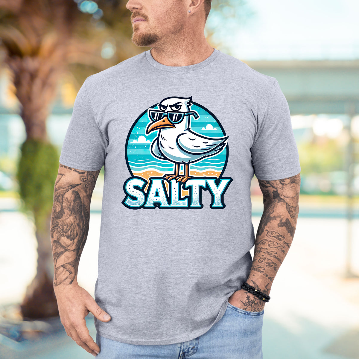 Salty Seagull Funny Beach Bum Beach Shirt | Sport Grey Unisex Jersey T-shirt