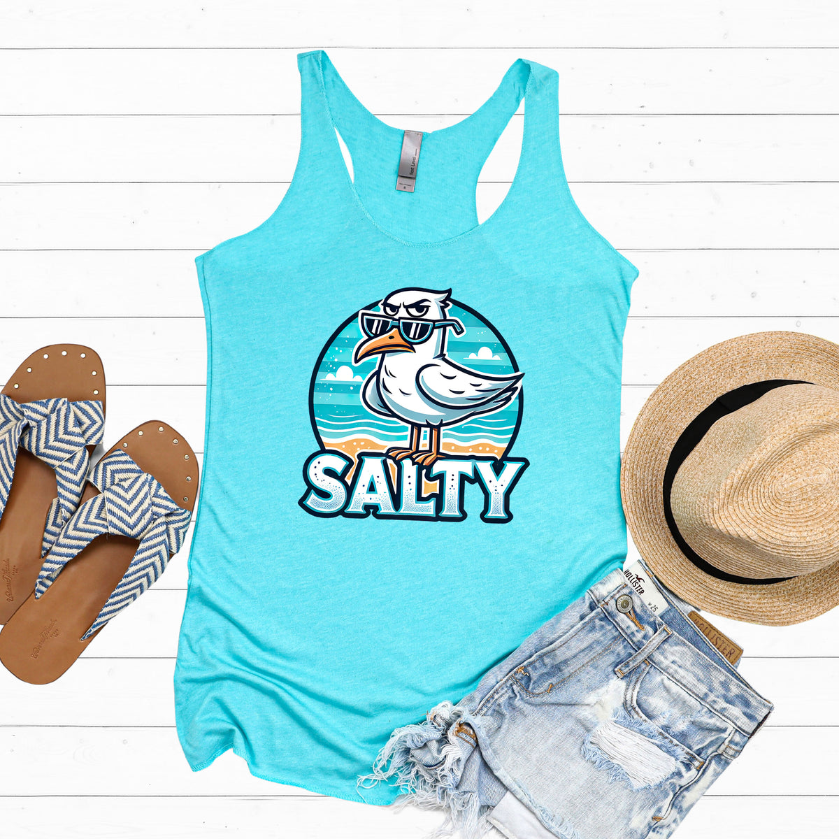 Salty Seagull Funny Beach Bum Beach Shirt | Tahiti Blue Racerback Tank Top