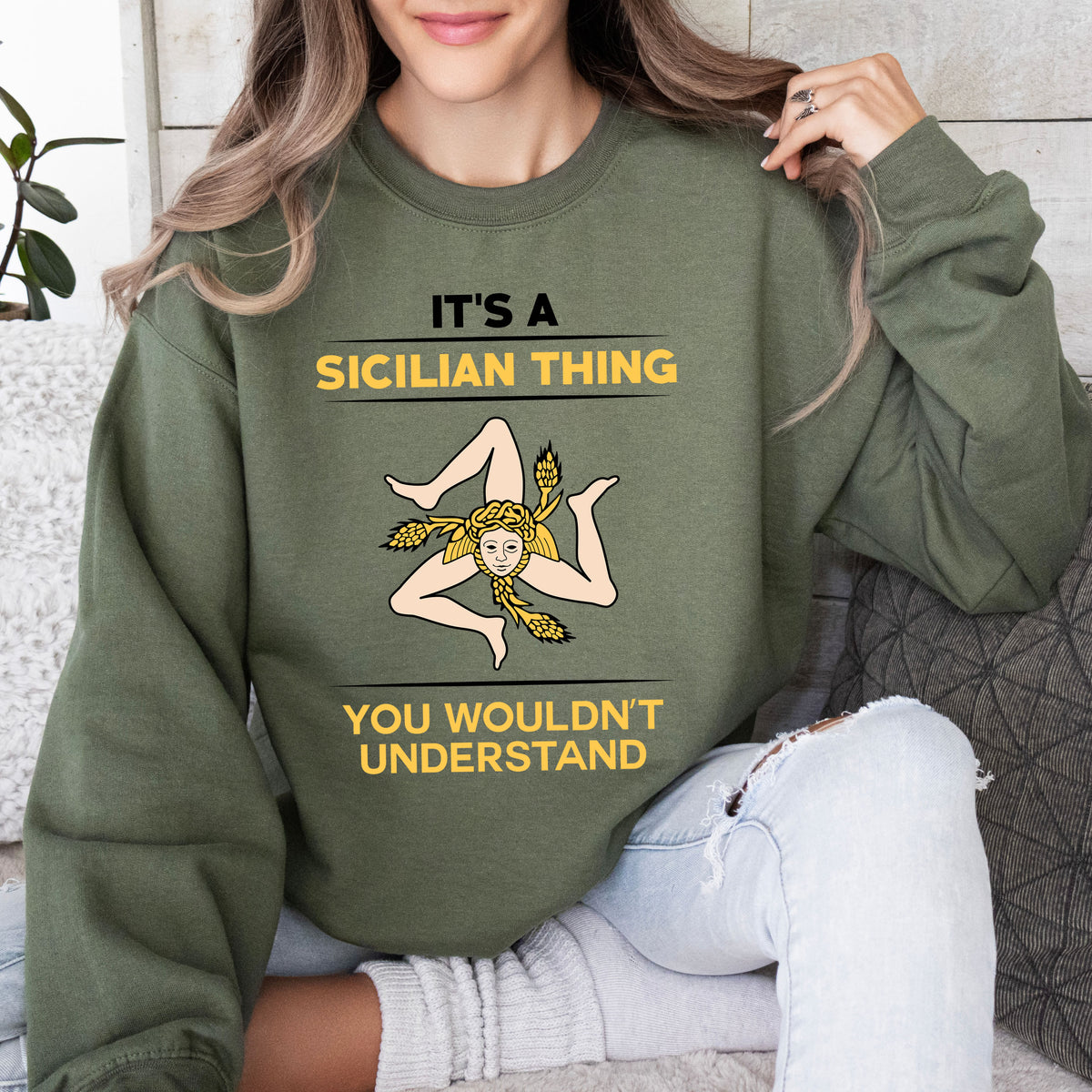 Sicily Italy Coat of Arms Sweatshirt | Military Green Sweatshirt