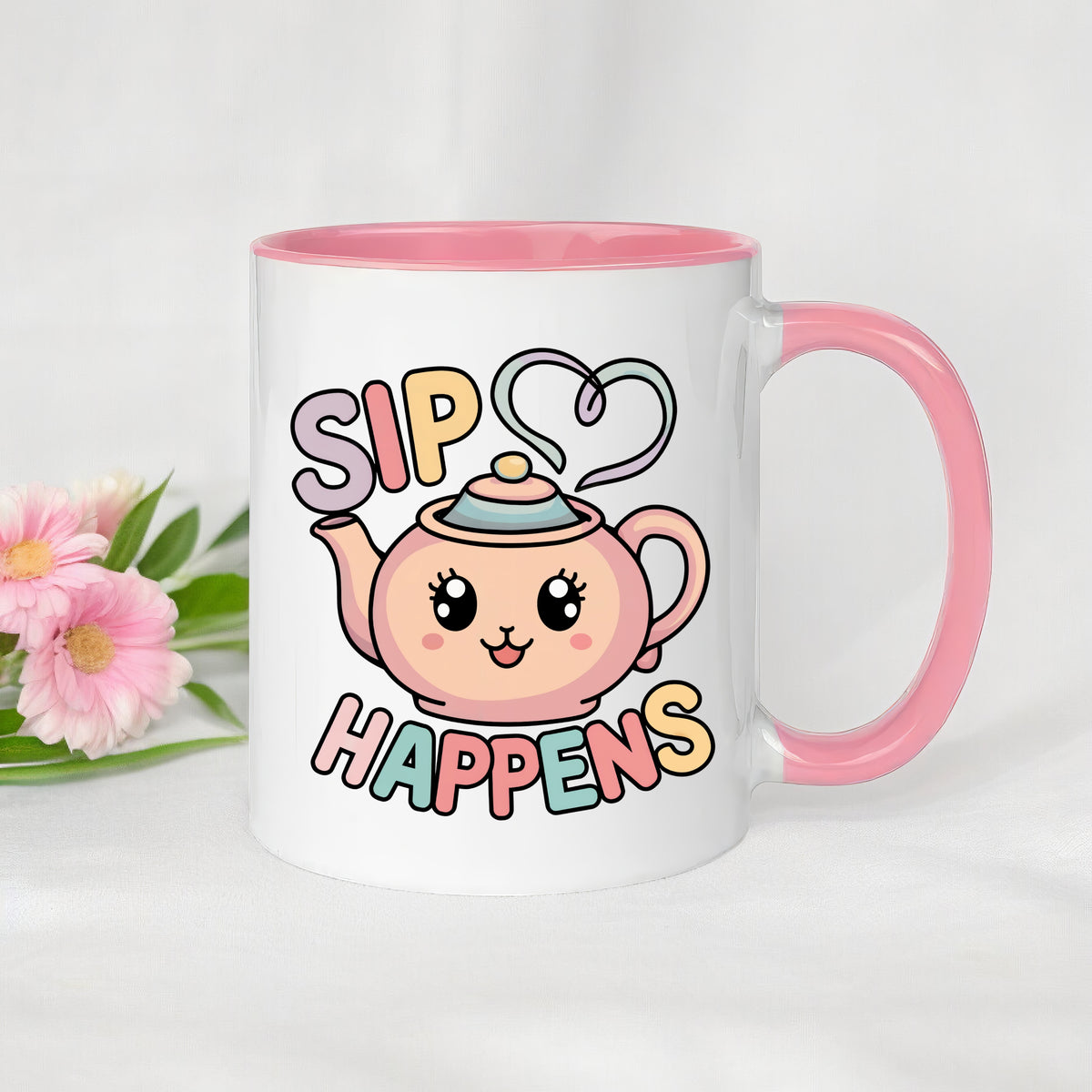 Sip Happens Karaii Tea Coffee Mug | | White with Pink Ceramic Mug