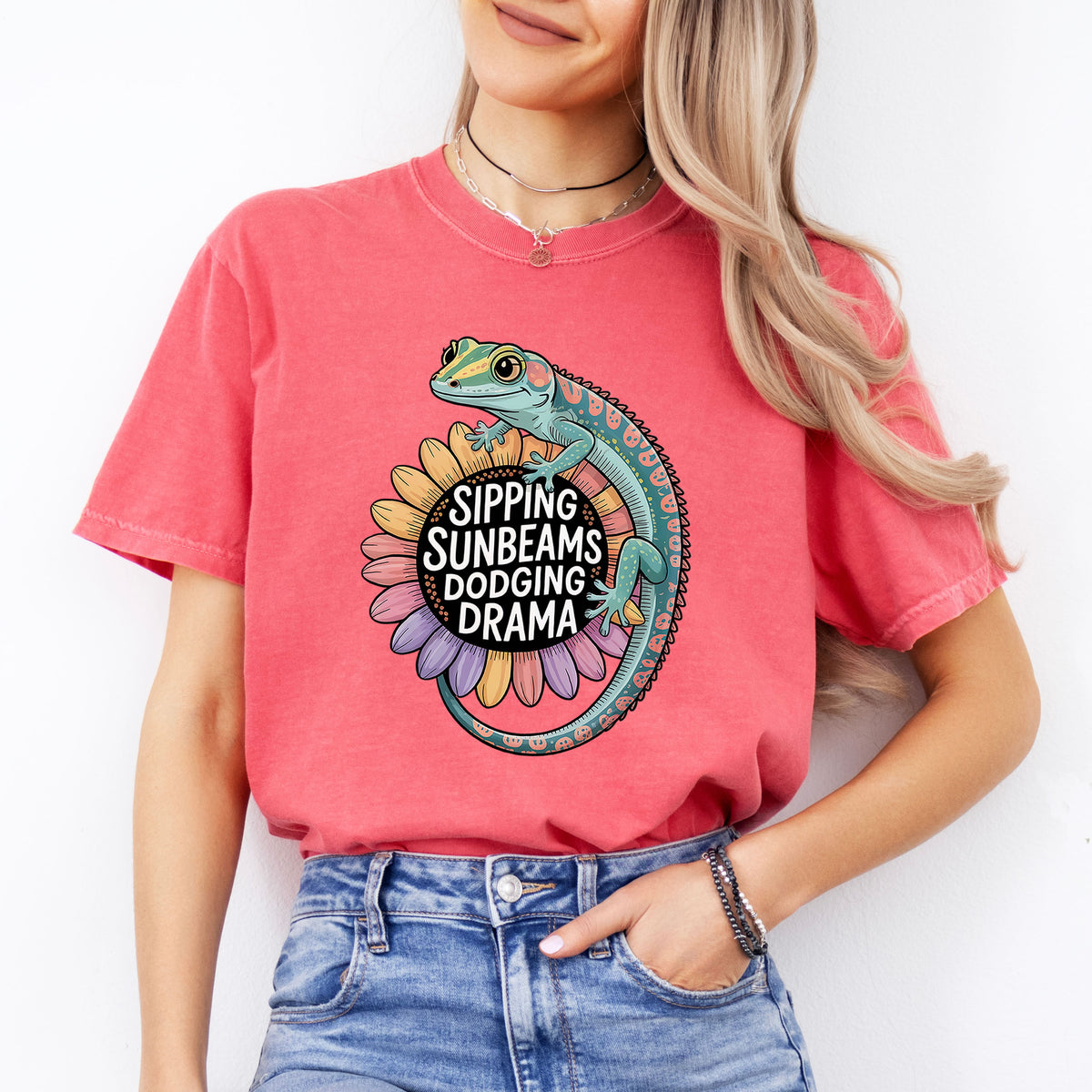 Sipping Sunbeams Cute Gecko Sunflower Shirt | Comfort Colors Watermelon T-shirt