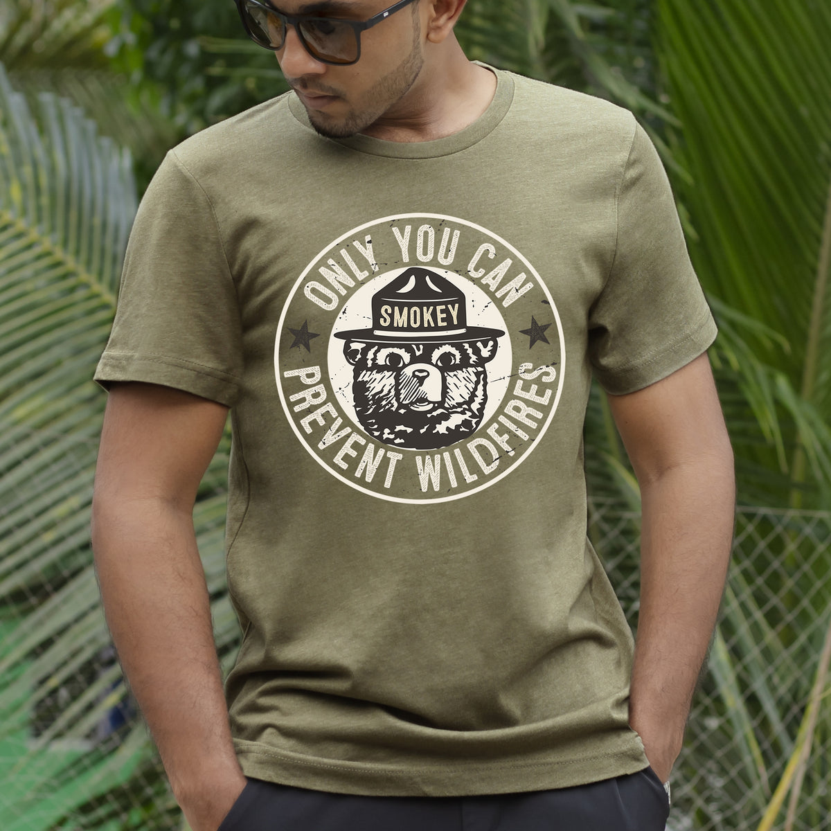 Smokey Bear Prevent Wildfire Camping Shirt | | Heather Olive Tshirt