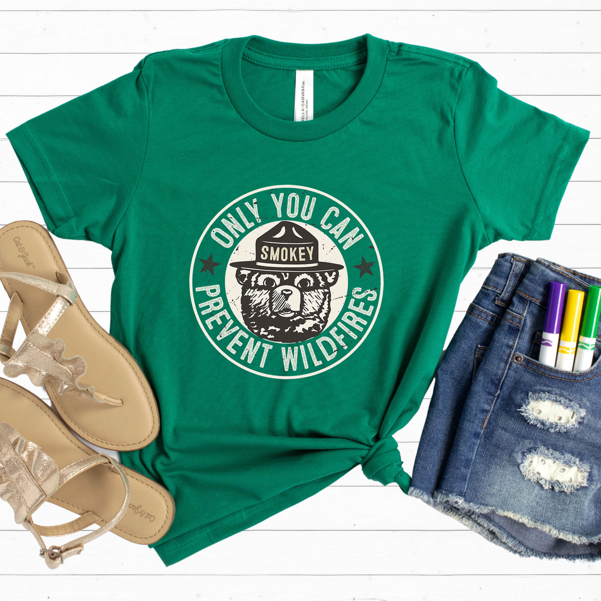 Smokey Bear Prevent Wildfire Camping Shirt | Kelly Green Youth Tshirt