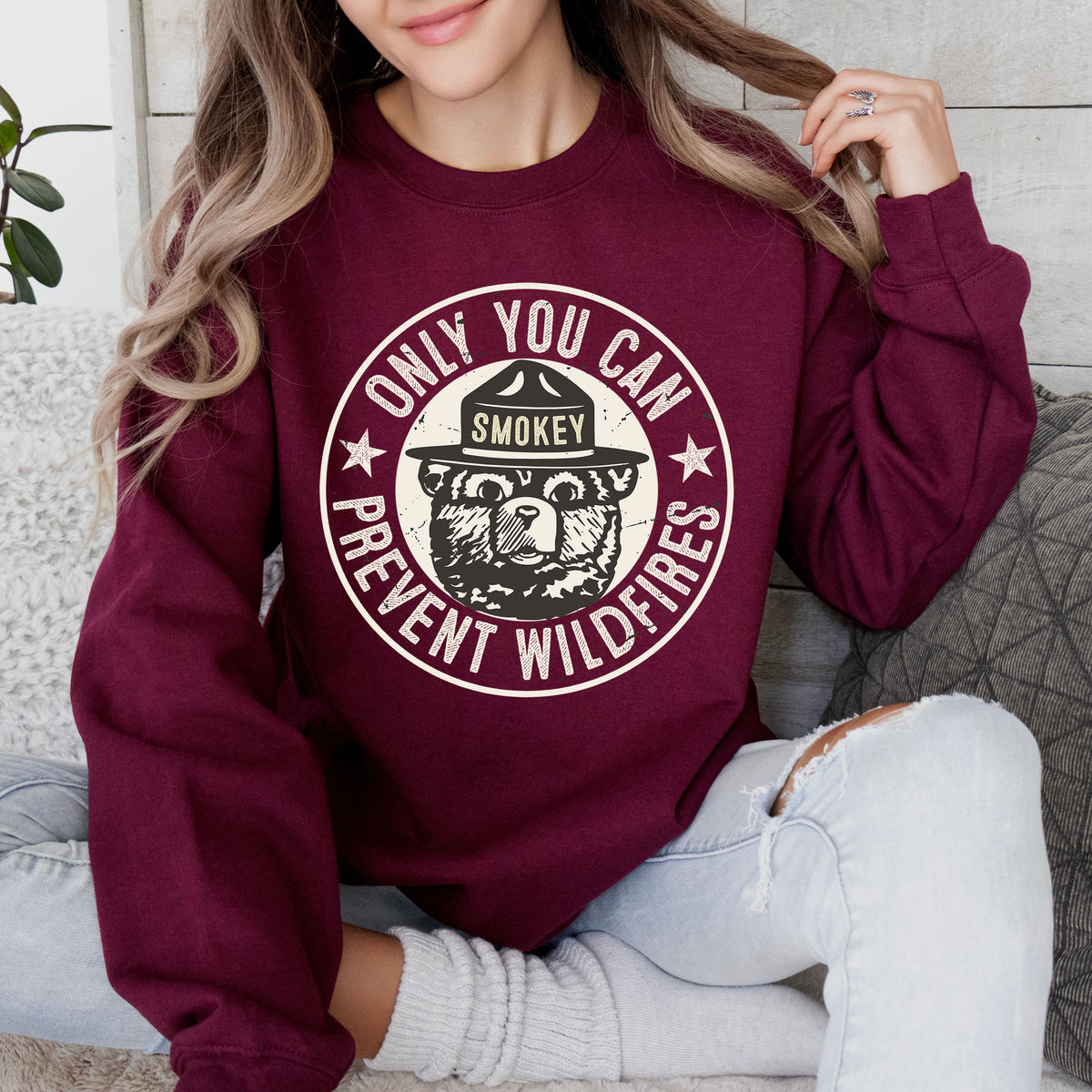 Smokey Bear Prevent Wildfire Camping Shirt  | Maroon Unisex Crewneck Sweatshirt
