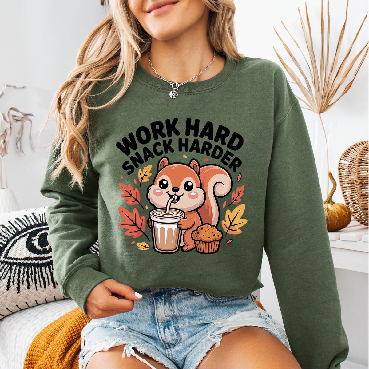 Work Hard Snack Harder Fall Chai Latte Shirt | Military Green Unisex Crewneck Sweatshirt