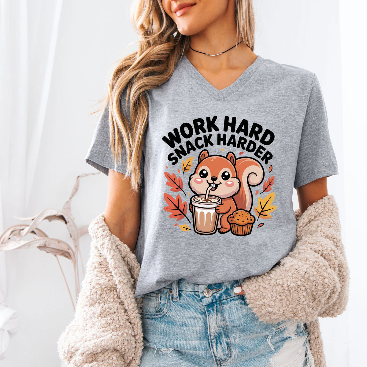 Work Hard Snack Harder Fall Chai Latte Shirt| Athletic Heather V-neck T-shirt