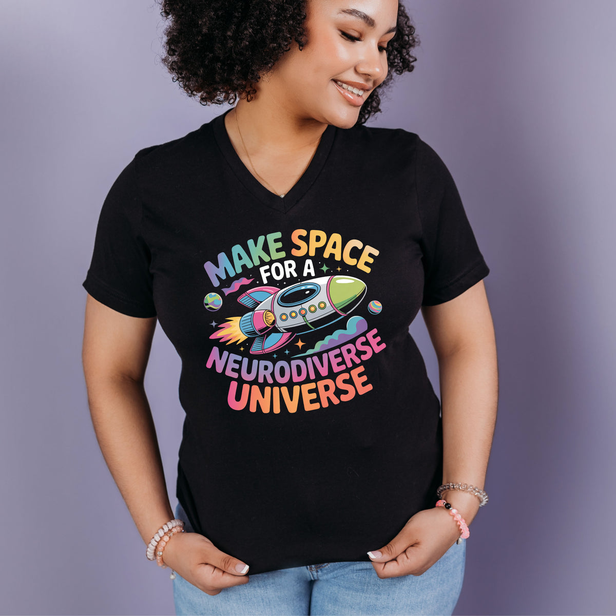 Neurodiverse Universe V-Neck T-shirt | Black V-neck Tshirt