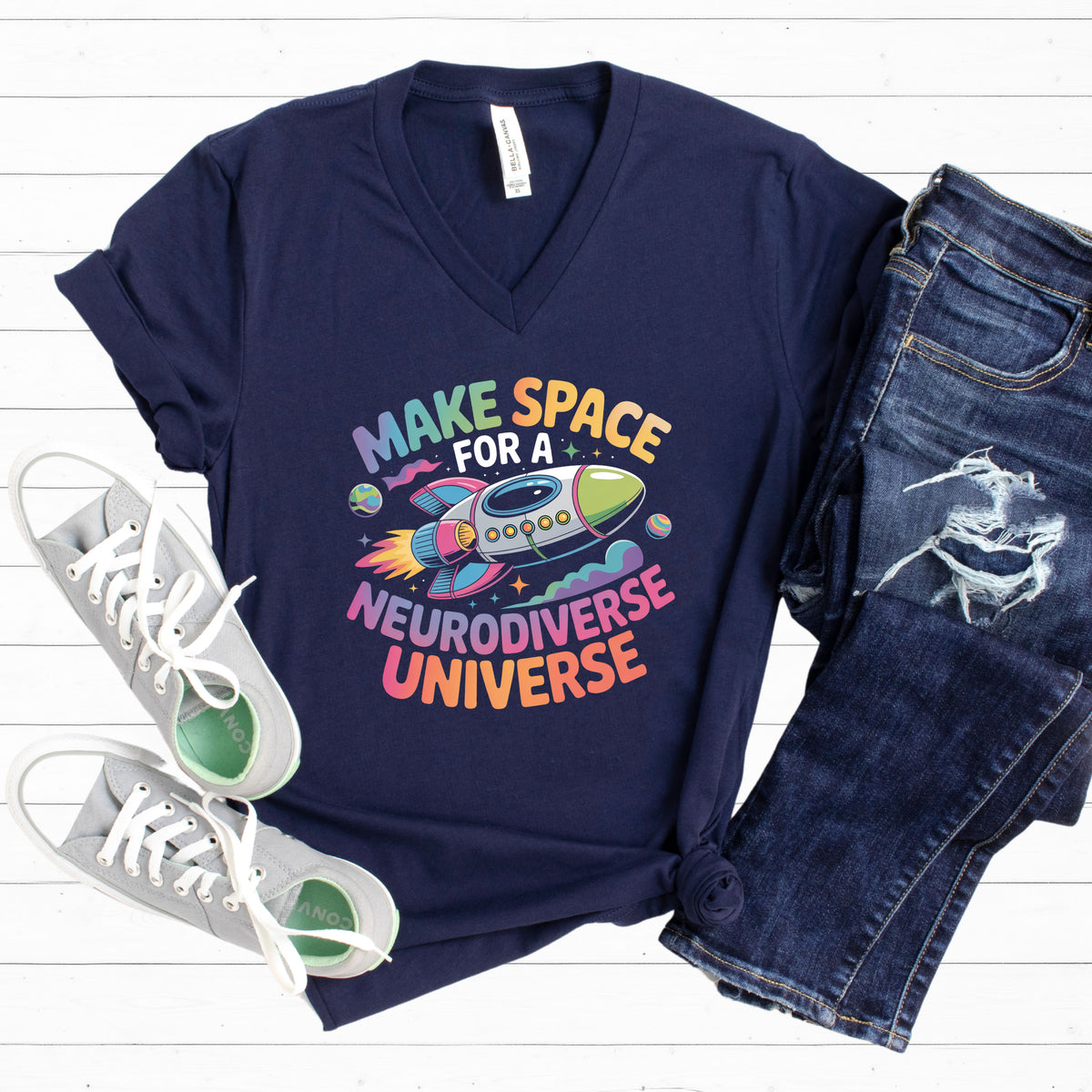 Neurodiverse Universe V-Neck T-shirt | Teacher Neurodiversity Shirt | Autism Acceptance Counselor Tee