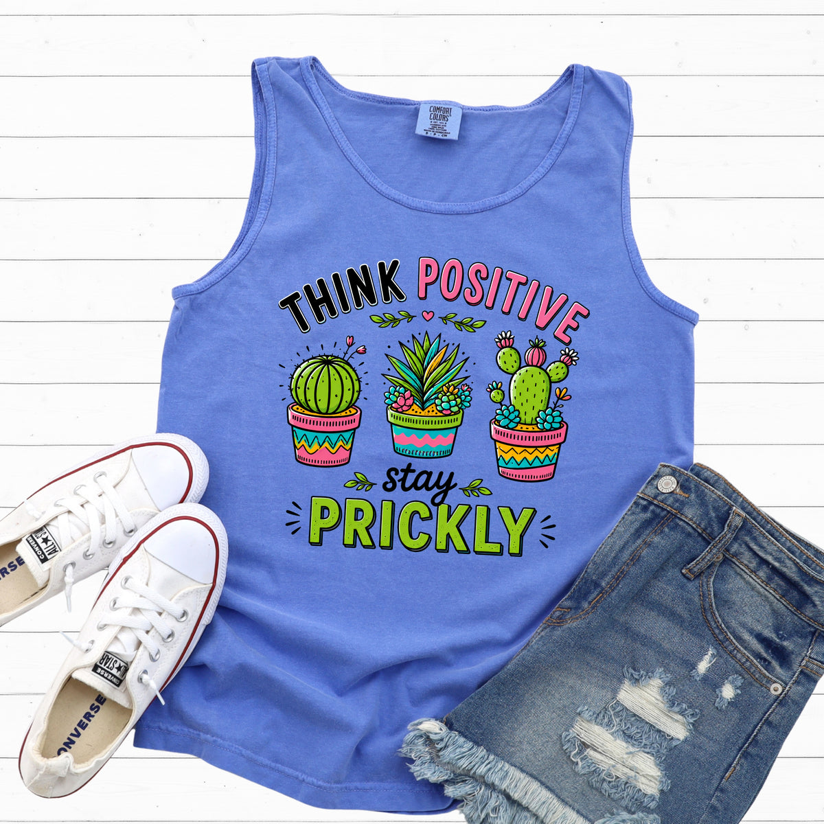 Think Positive Stay Prickly Tank Top | Funny Cactus Tank | Plant Lover Gardener Gift | Unisex Garment-dyed Tank Top