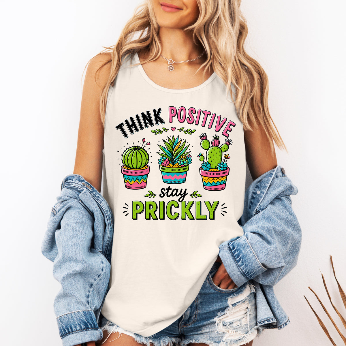 Think Positive Stay Prickly Tank Top | Funny Cactus Tank | Plant Lover Gardener Gift | Unisex Garment-dyed Tank Top