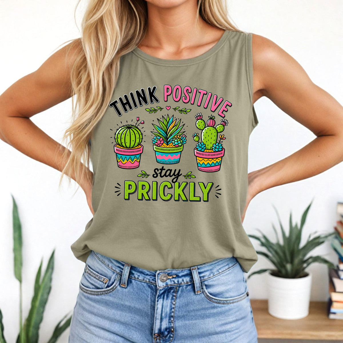Think Positive Stay Prickly Tank Top | Funny Cactus Tank | Plant Lover Gardener Gift | Unisex Garment-dyed Tank Top