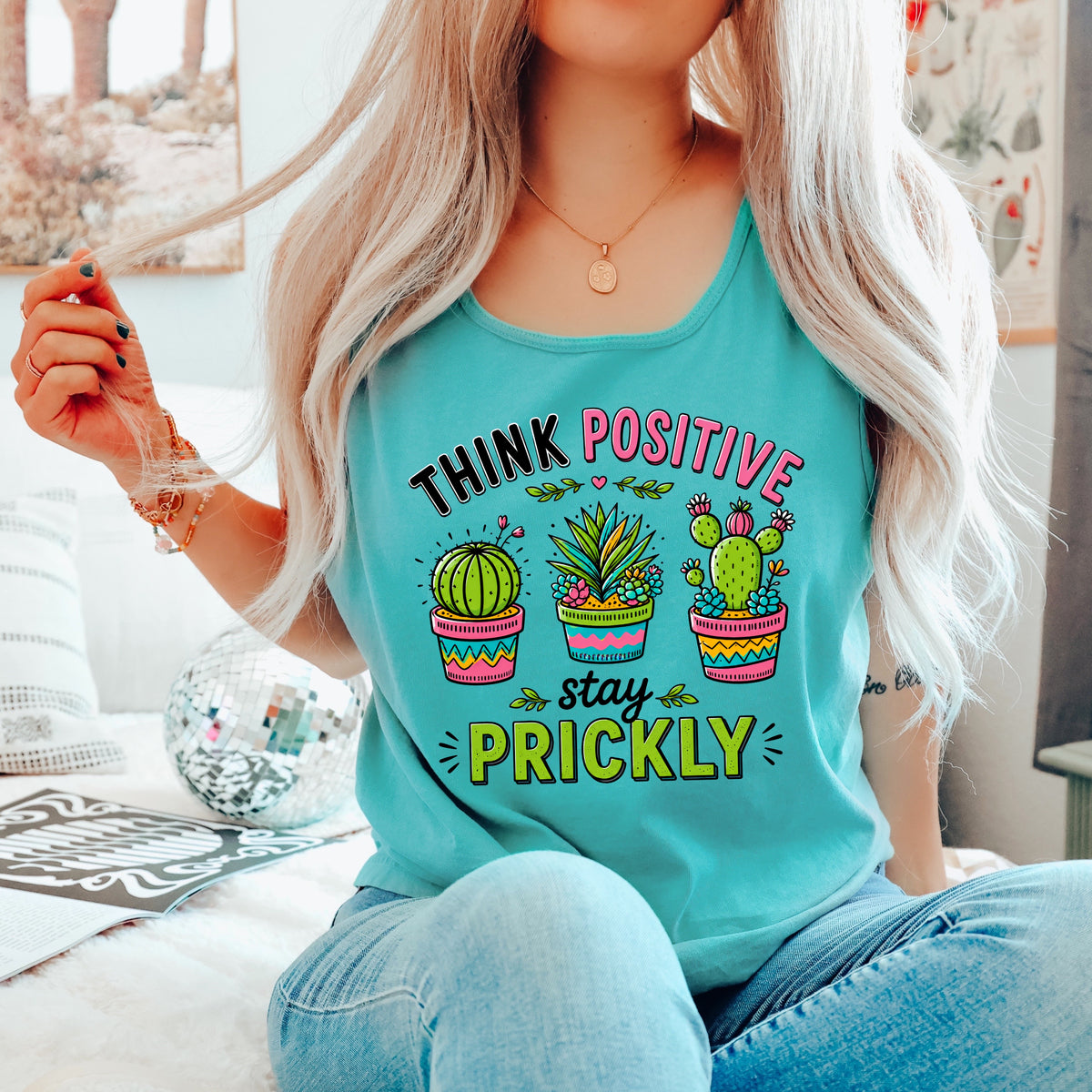 Think Positive Stay Prickly Tank Top | Seafoam Green Unisex Garment-dyed Tank Top