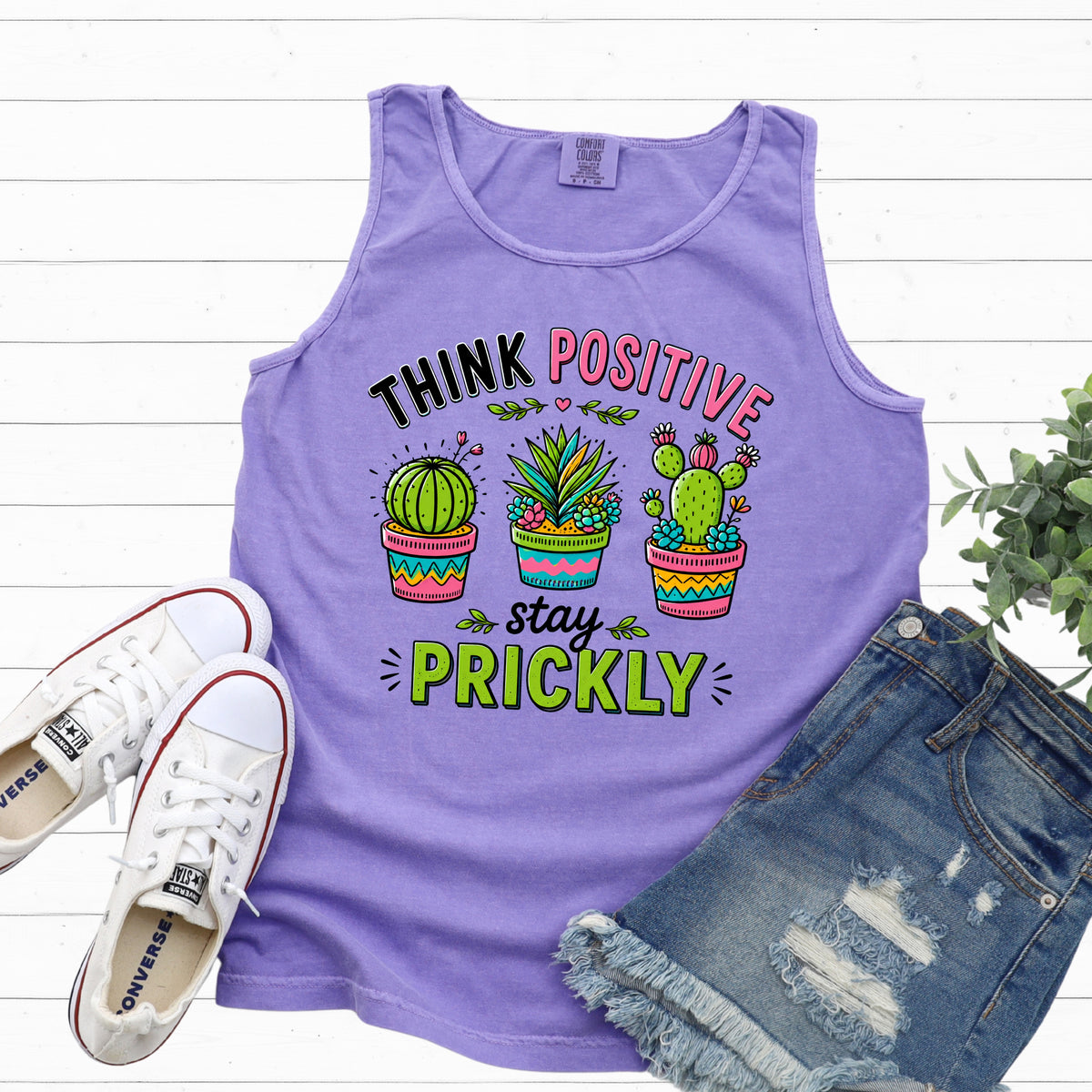 Think Positive Stay Prickly Tank Top | Funny Cactus Tank | Plant Lover Gardener Gift | Unisex Garment-dyed Tank Top