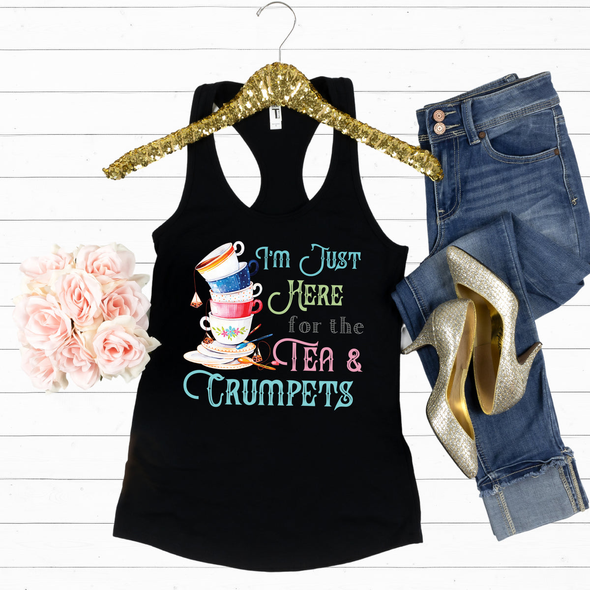 Tea & Crumpets Tea Cups Funny Shirt  | Black Racerback Tank top
