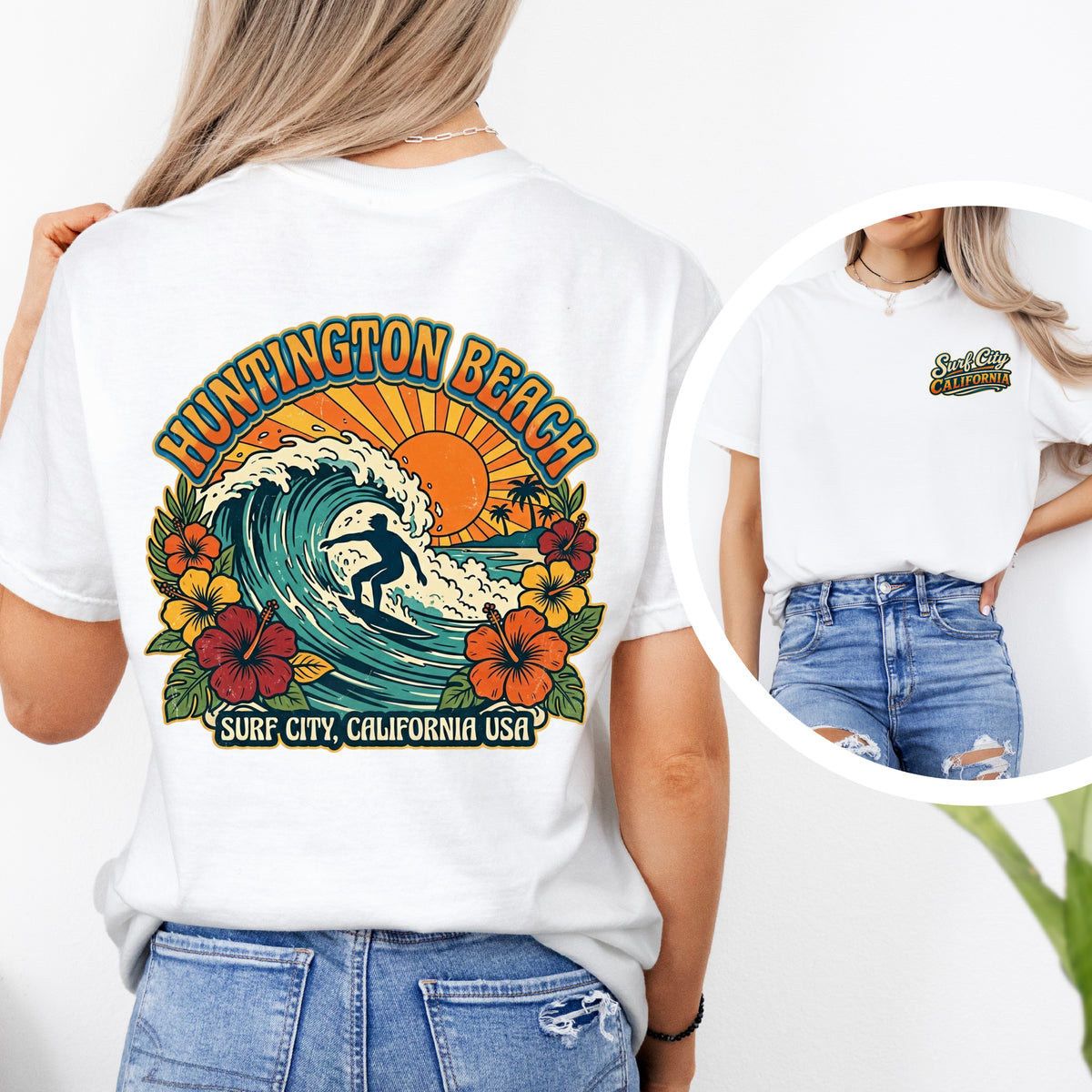 Surf City Huntington Beach Shirt | Retro California Surfing Tee | Hibiscus Flower Garment-Dyed T-shirt