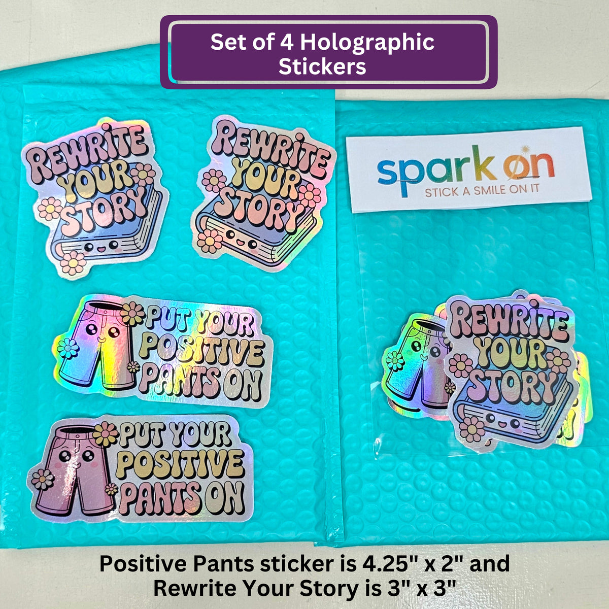 Kawaii Holographic Stickers | Affirmations Sticker Set | Mental Health Stickers | Psychologist Gift | 4-Pack