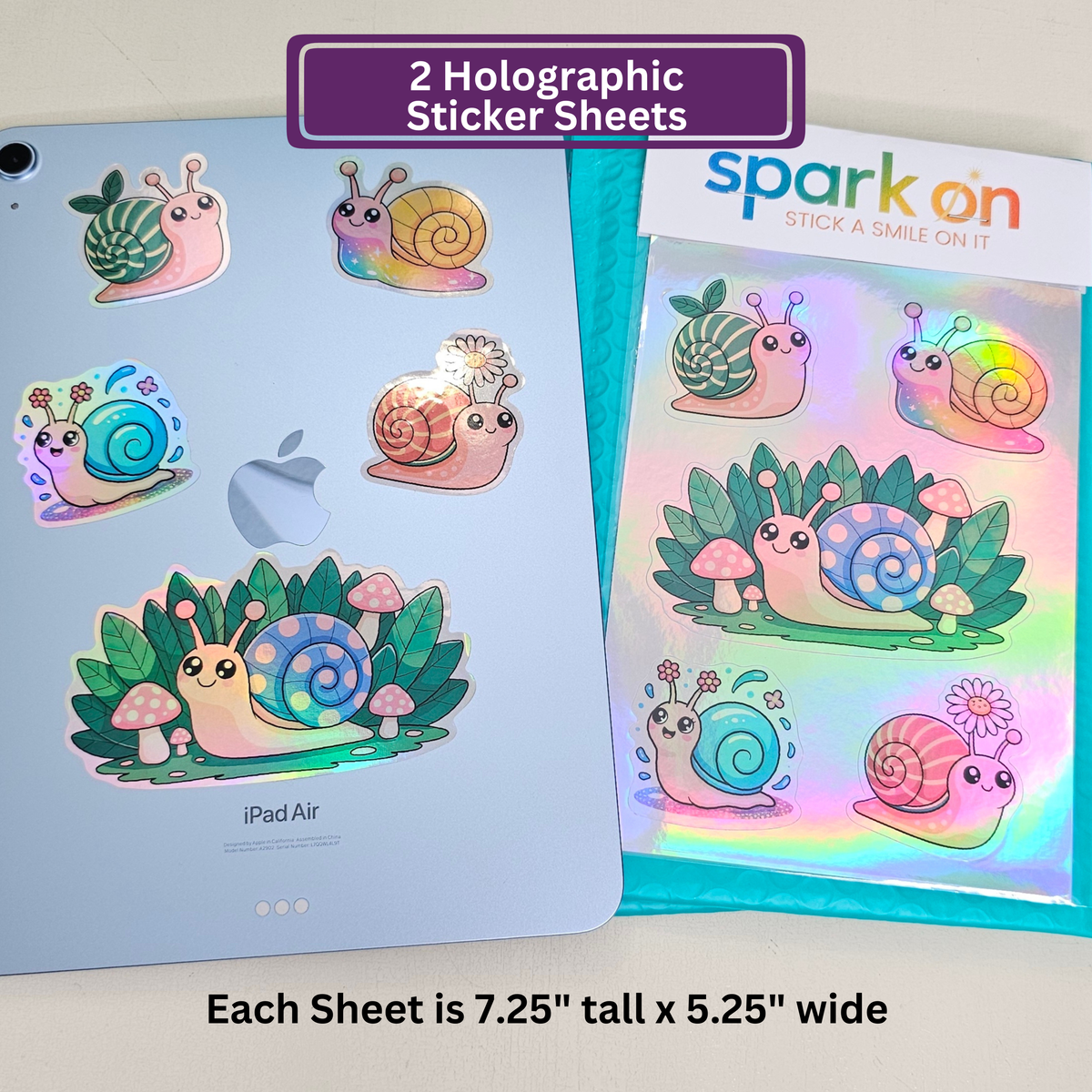 Cute Kawaii Snail Sticker Set | Snail Lover Holographic Stickers Sheet | Nature Gift Stocking Stuffers