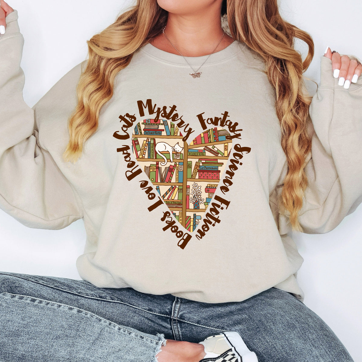 Book Lover Heart Cat Lady T-shirt | Sand Unisex Crewneck Sweatshirt