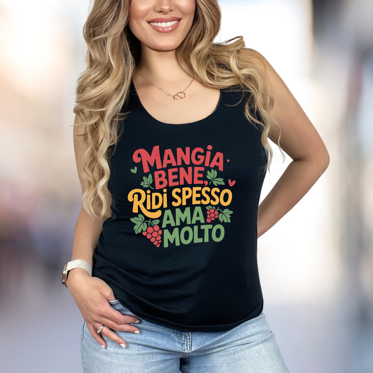 Mangia Bene Italian Saying Shirt | Black Racerback Tank Top