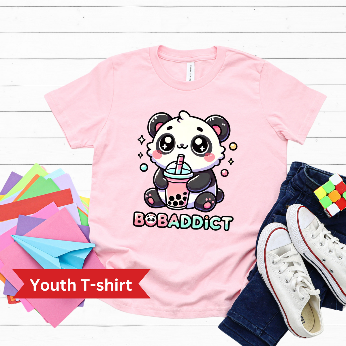 Boba Addict Cute Panda Bear Boba Tea Shirt | Pink Youth Jersey T-shirt