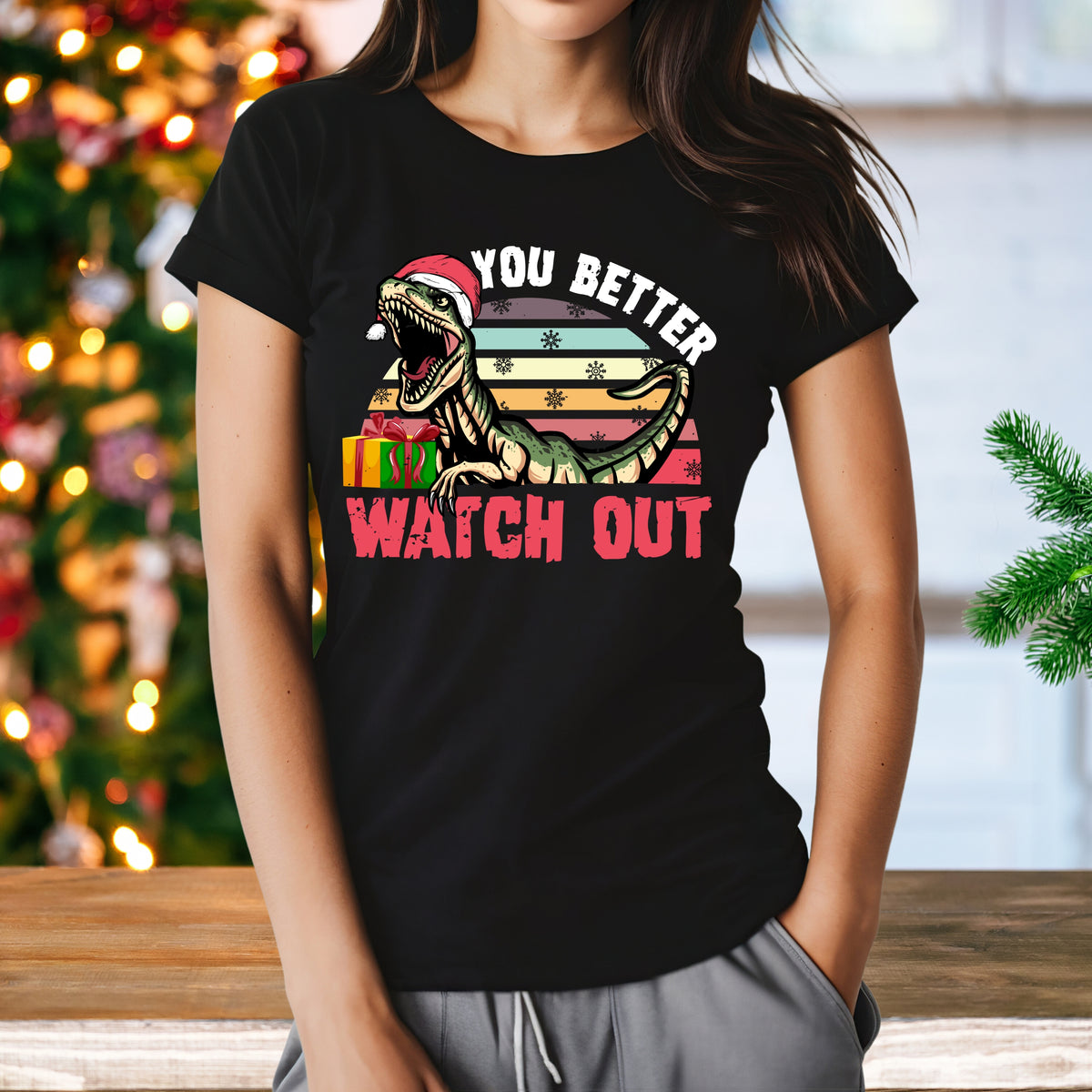 Velociraptor Dinosaur Christmas Shirt Women's Black Slim-fit Tshirt
