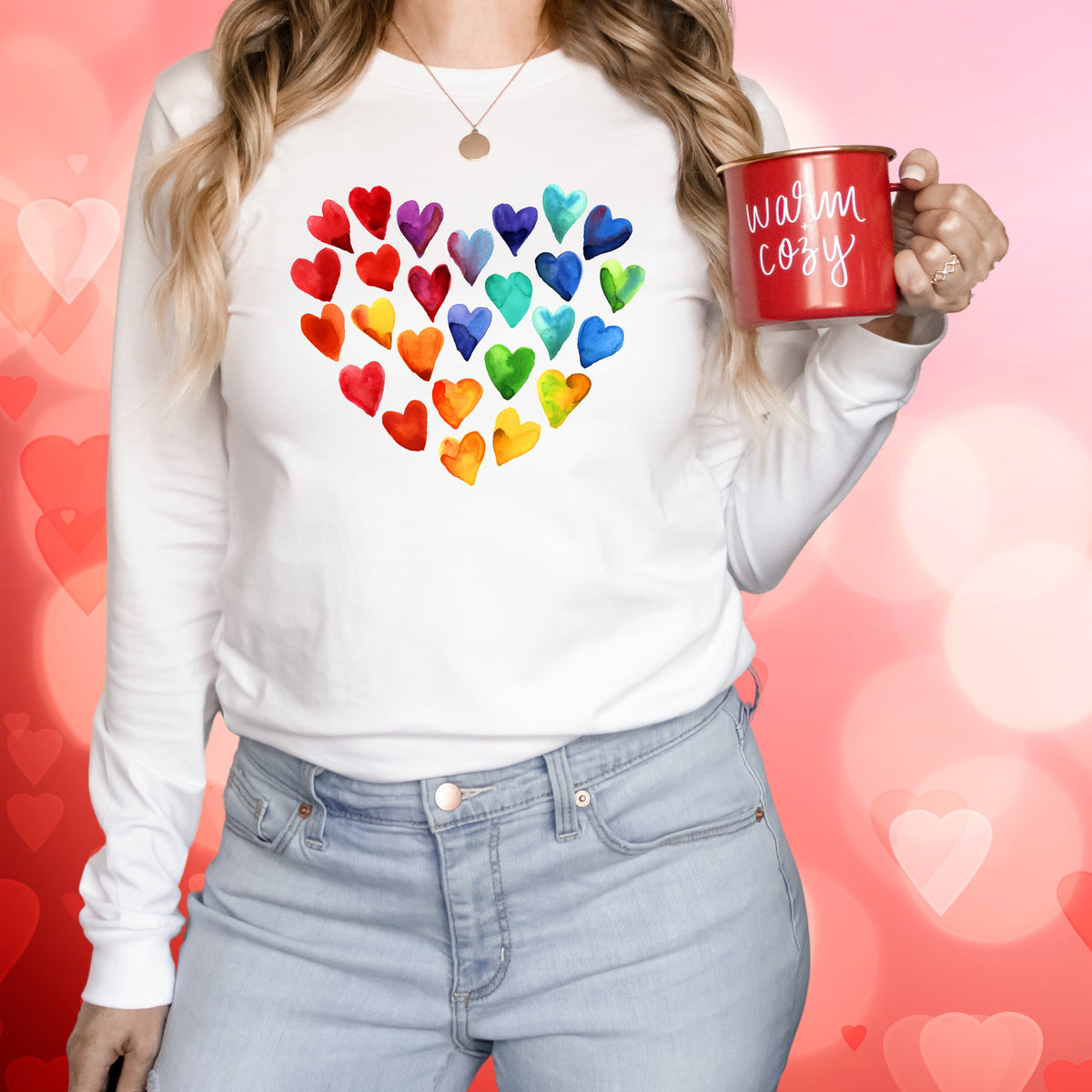 Watercolor Art Hearts Love Aesthetic Shirt | White Long Sleeve T-shirt